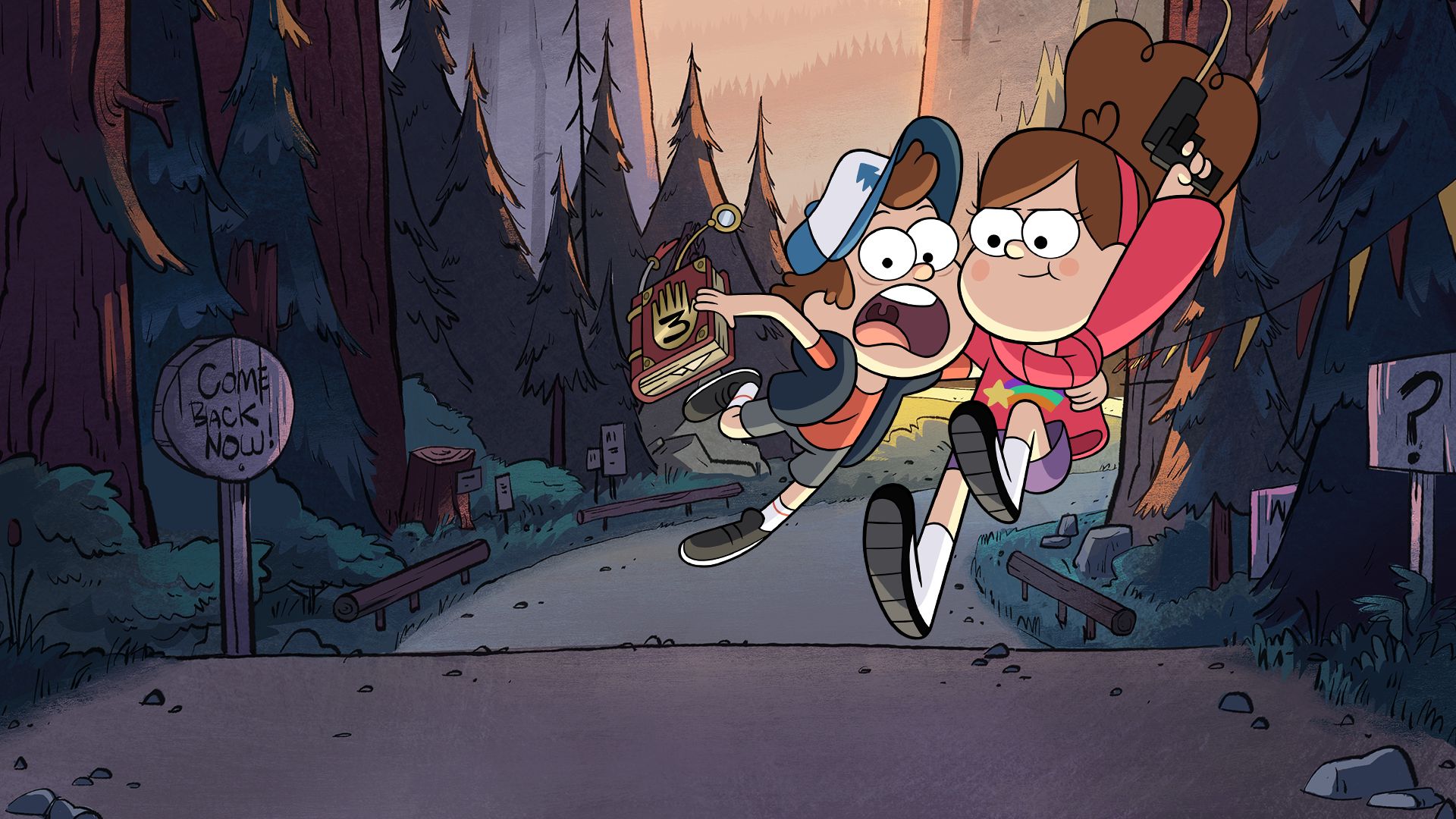 two children leap into adventure in the animated series Gravity Falls