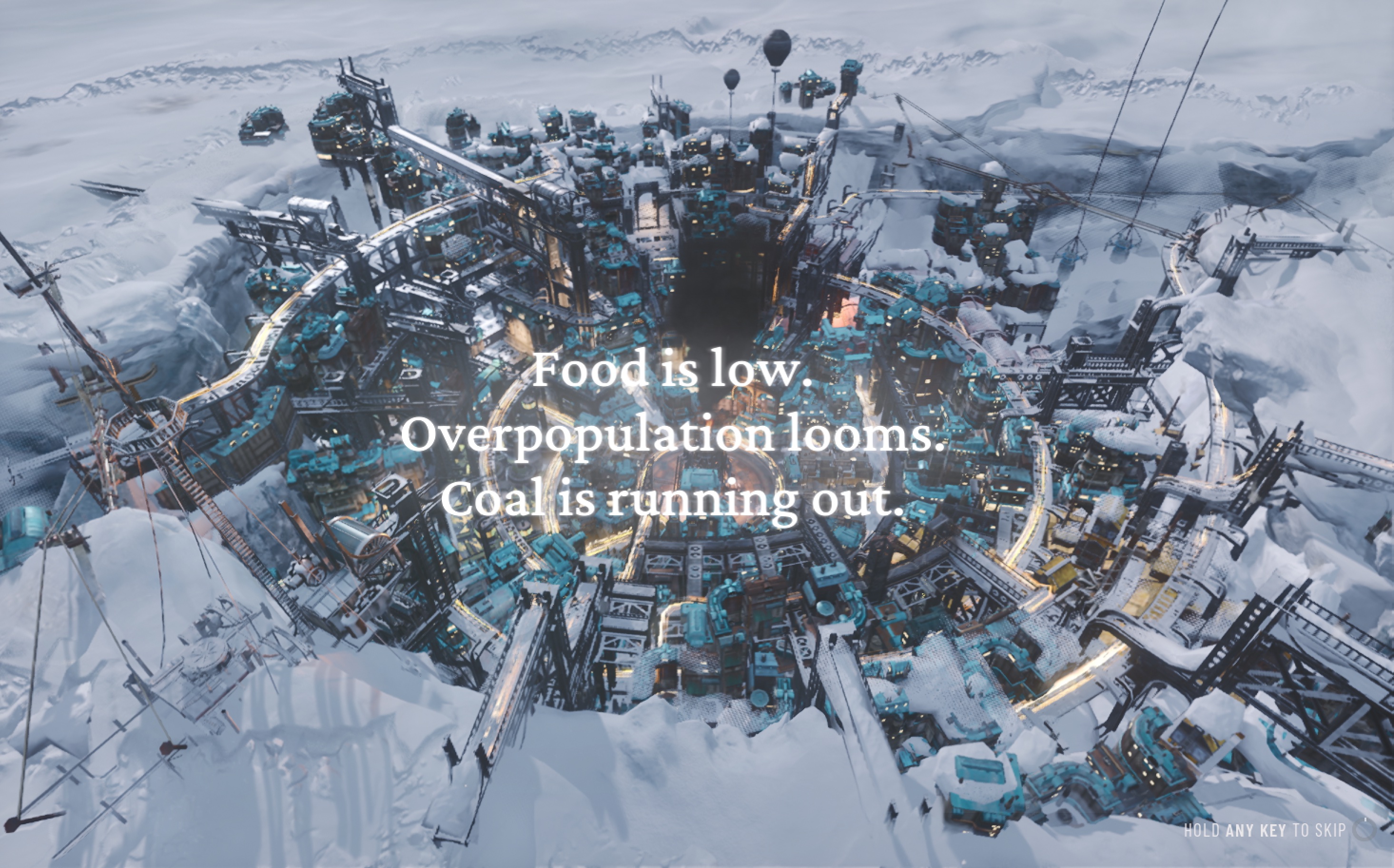 A Frostpunk 2 city with overlay text: “Food is low. Overpopulation looms. Coal is running out.”