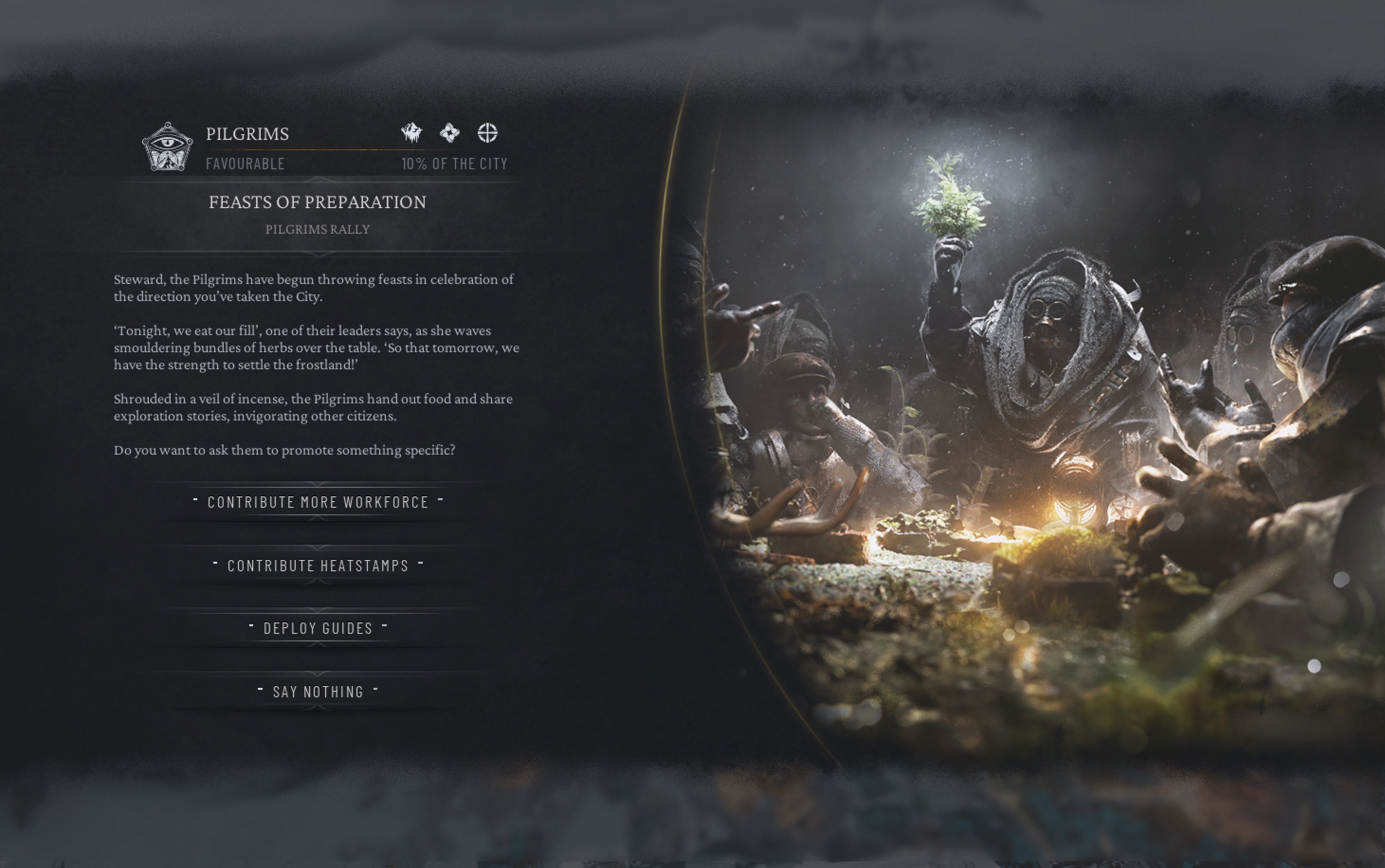 A text screen for Frostpunk 2 explaining the Feasts of Preparation with people in gas masks raising up plants