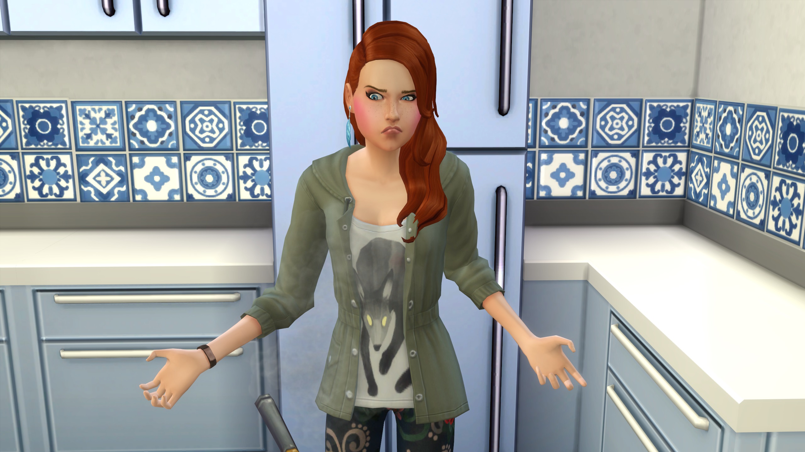 The Sims 4 - a Sim stands in a kitchen looking angry and upset