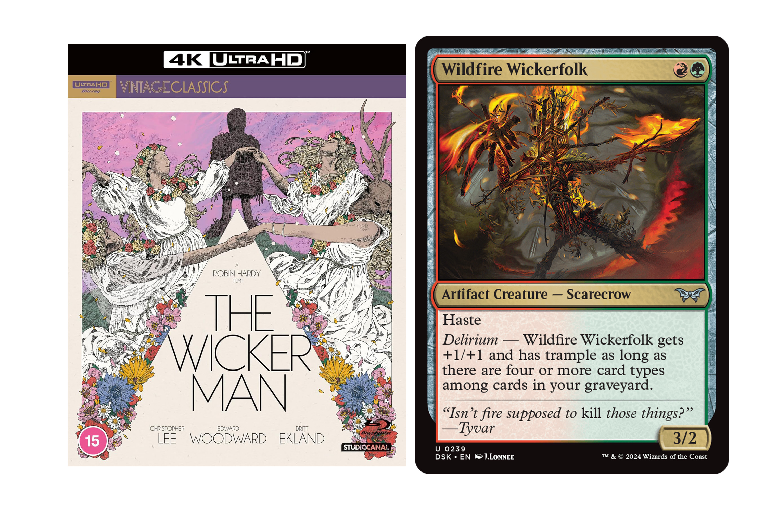 A copy of The Wicker Man’s 40th anniversary 4K edition next to Wildfire Wickerfolk, an artifact creature, a scarecrow from Magic: The Gathering.