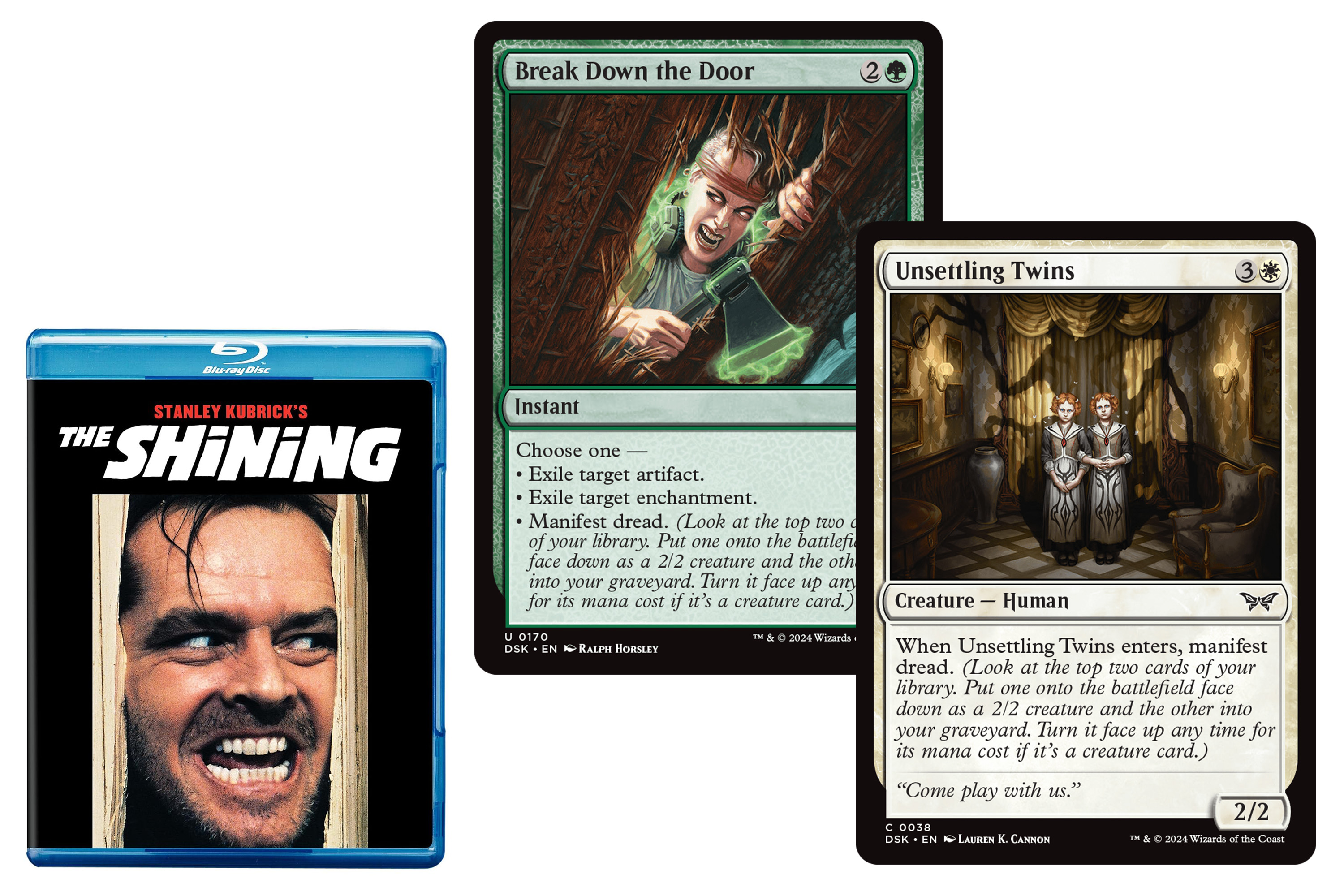 A Blu-ray copy of The Shining next to Break Down the Door, an instant, and Unsettling Twins, a creature and a human, from Magic: The Gathering.