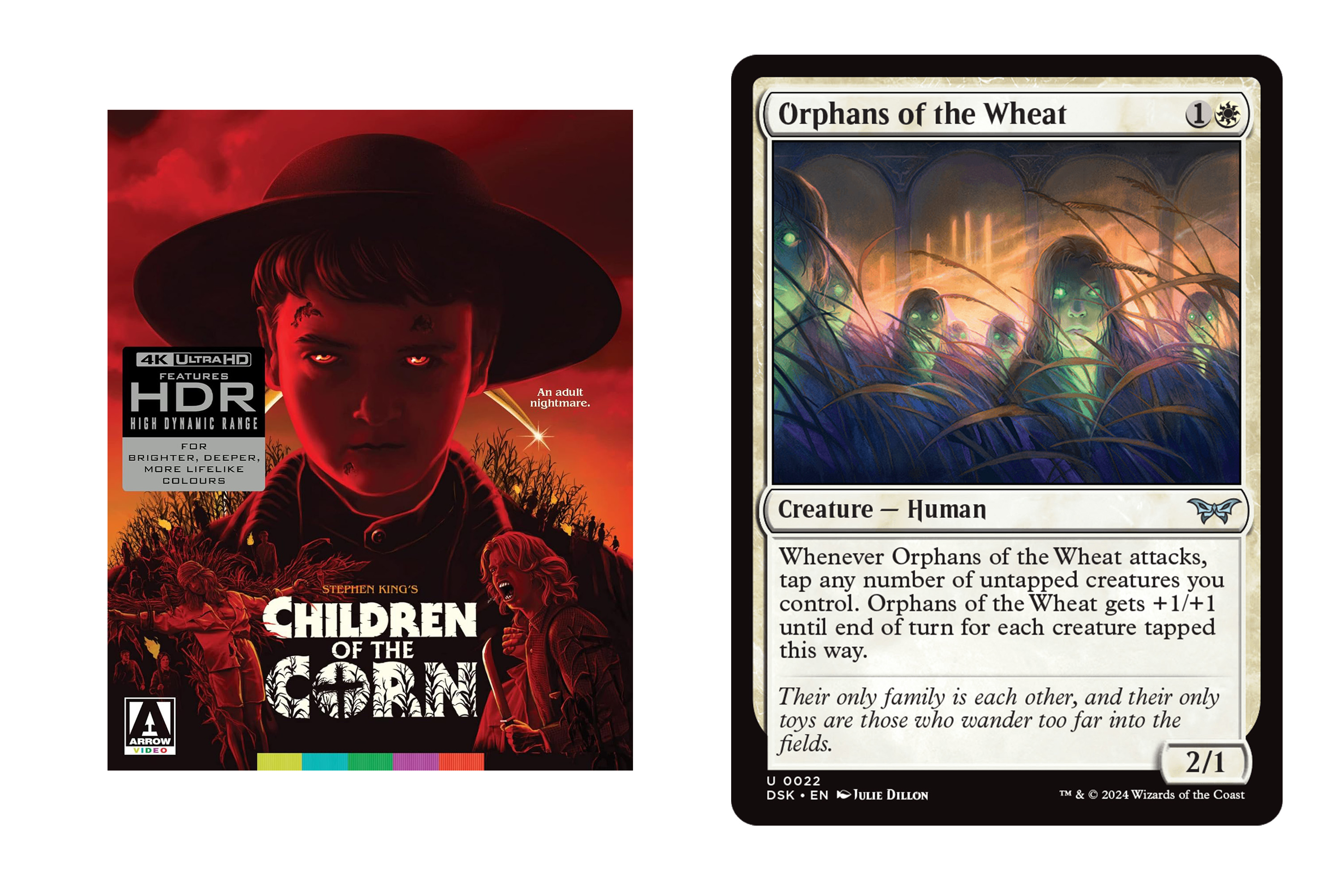 A 4K version of the original Children of the Corn next to Orphans of the Wheat, a human creature from Magic: The Gathering.