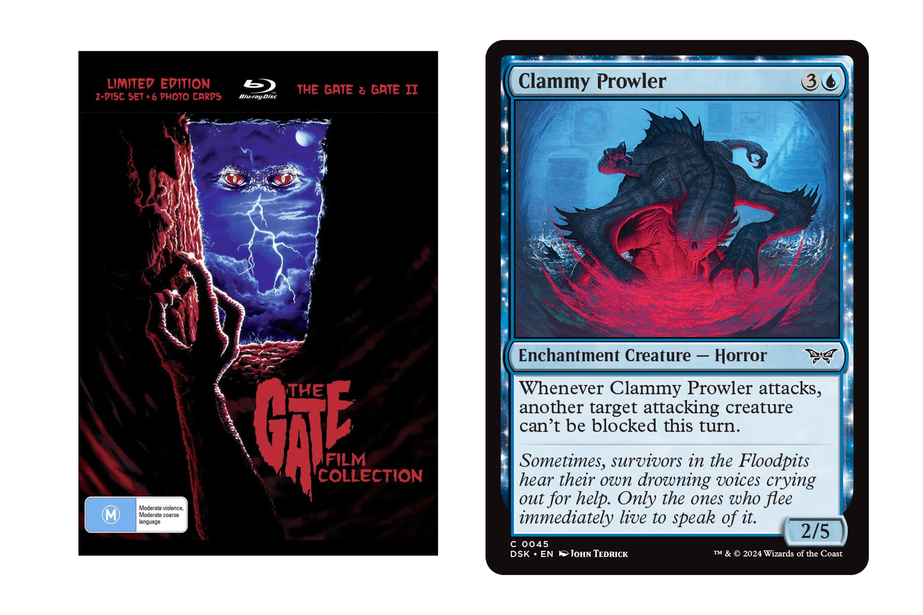 A poster from the movie The Gate alongside Clammy Prowler, an enchantment creature, a horror, from MTG Duskmourn.