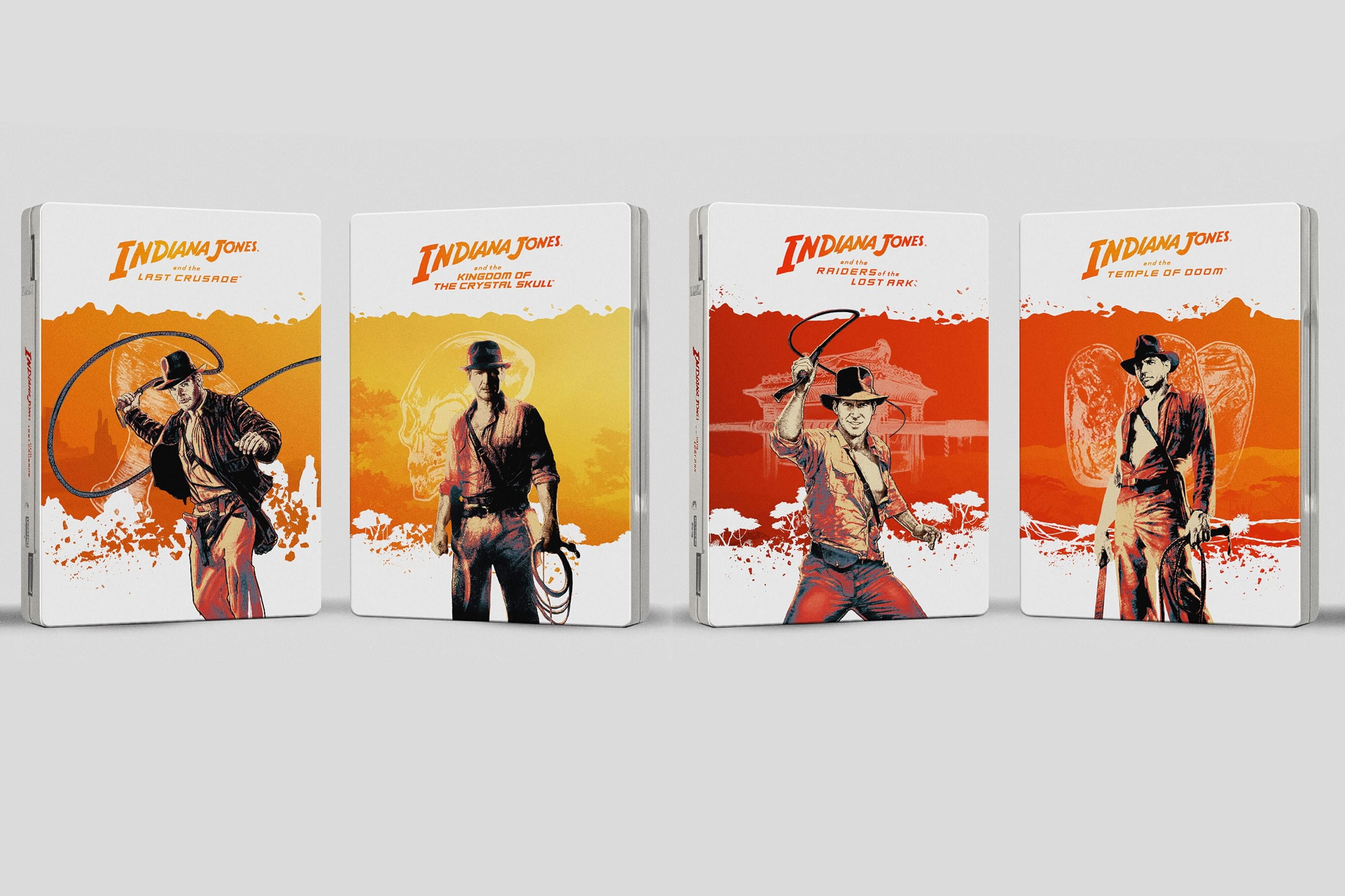 A stock photo of the steelbook cases of the first four Indiana Jones films A stock photo of the steelbook cases of the first four Indiana Jones films