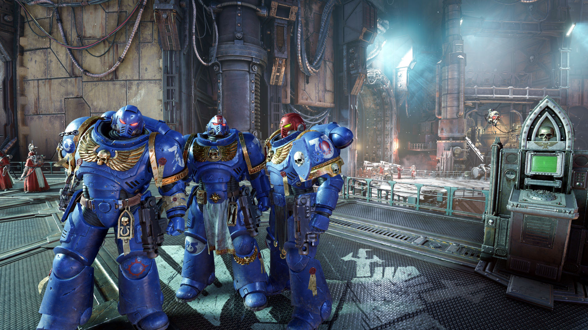 Screenshot from Warhammer 40,000: Space Marine 2 showing the three main characters, standing together in armor in the main base