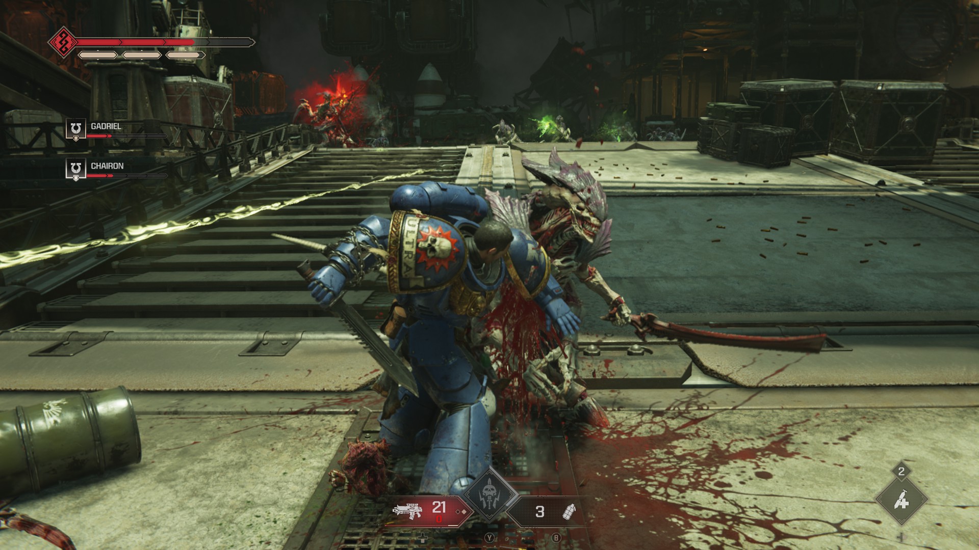 Titus executing a tyranid warrior in Space Marine 2.