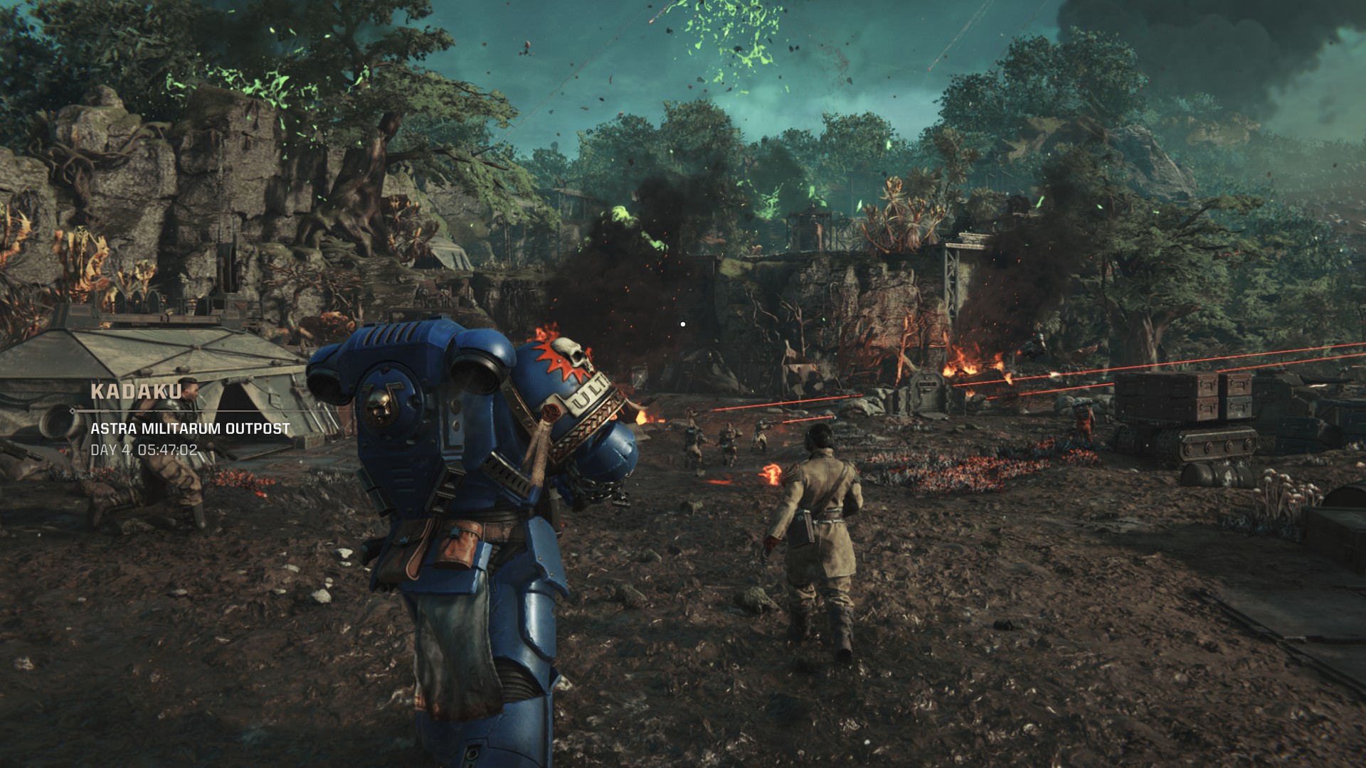 Titus walking across a battlefield with a Cadian commander in Space Marine 2.