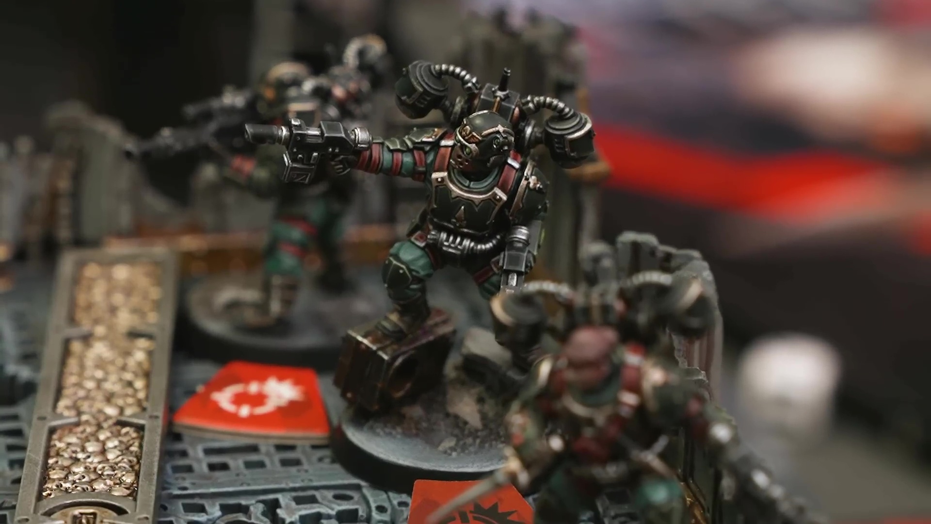 A group of miniatures of the Imperial Guard’s Tempestus Aquilons, set up in front of some terrain for the tabletop game Warhammer 40,000: Kill Team - Hivestorm A group of miniatures of the Imperial Guard’s Tempestus Aquilons, set up in front of some terrain for the tabletop game Warhammer 40,000: Kill Team - Hivestorm