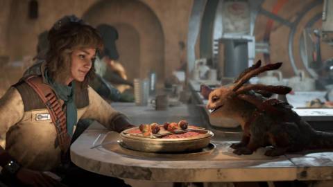 A screenshot from the video game Star Wars Outlaws shows player character Kay and her pet Nix sitting across from each other at a restaurant counter, with a dish of alien curry and kebabs between them.