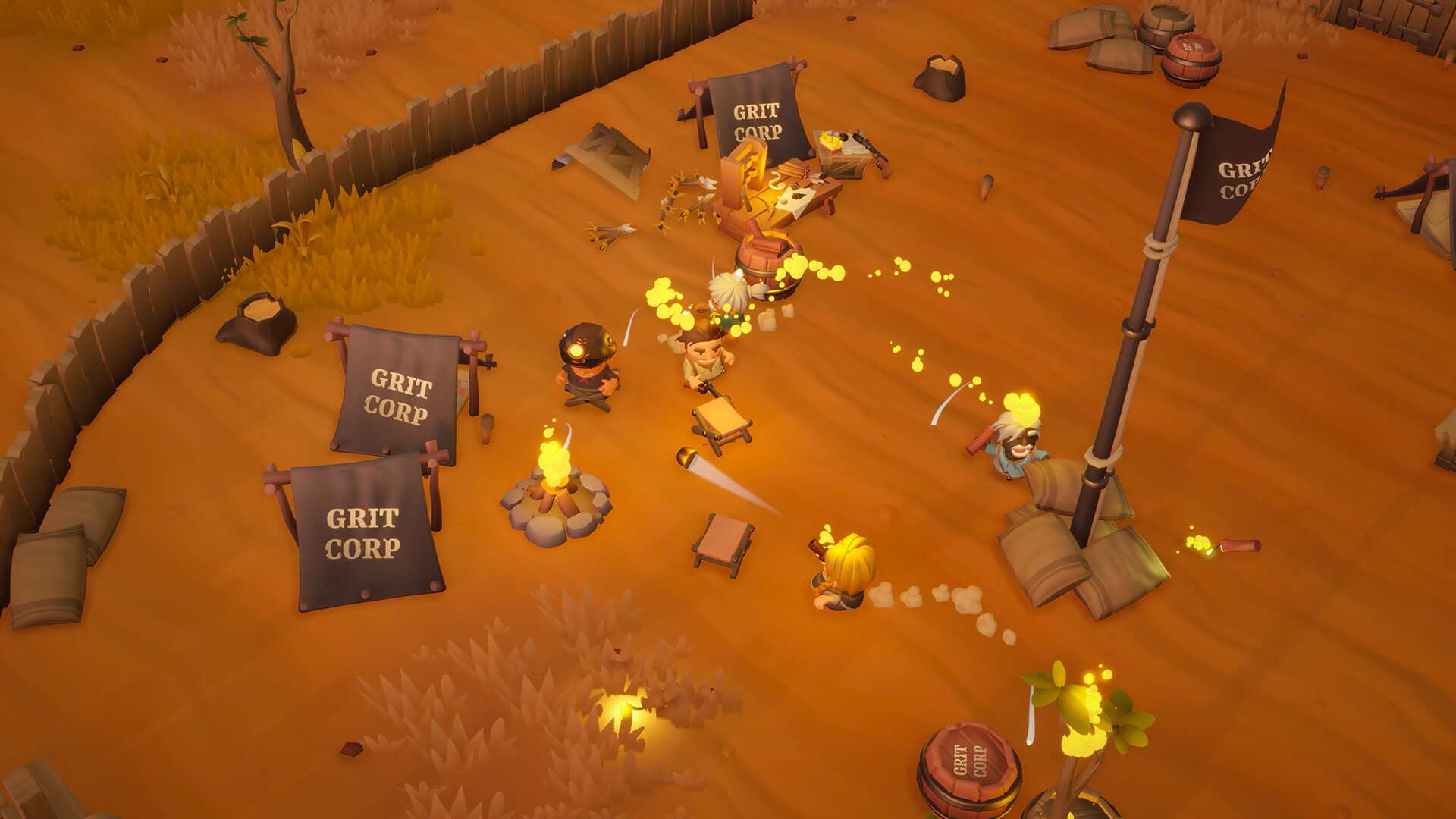 A pitched gunfight takes place in the Old West, in a camp belonging to Grit Corp, in the game Indigo Valley Ranch.