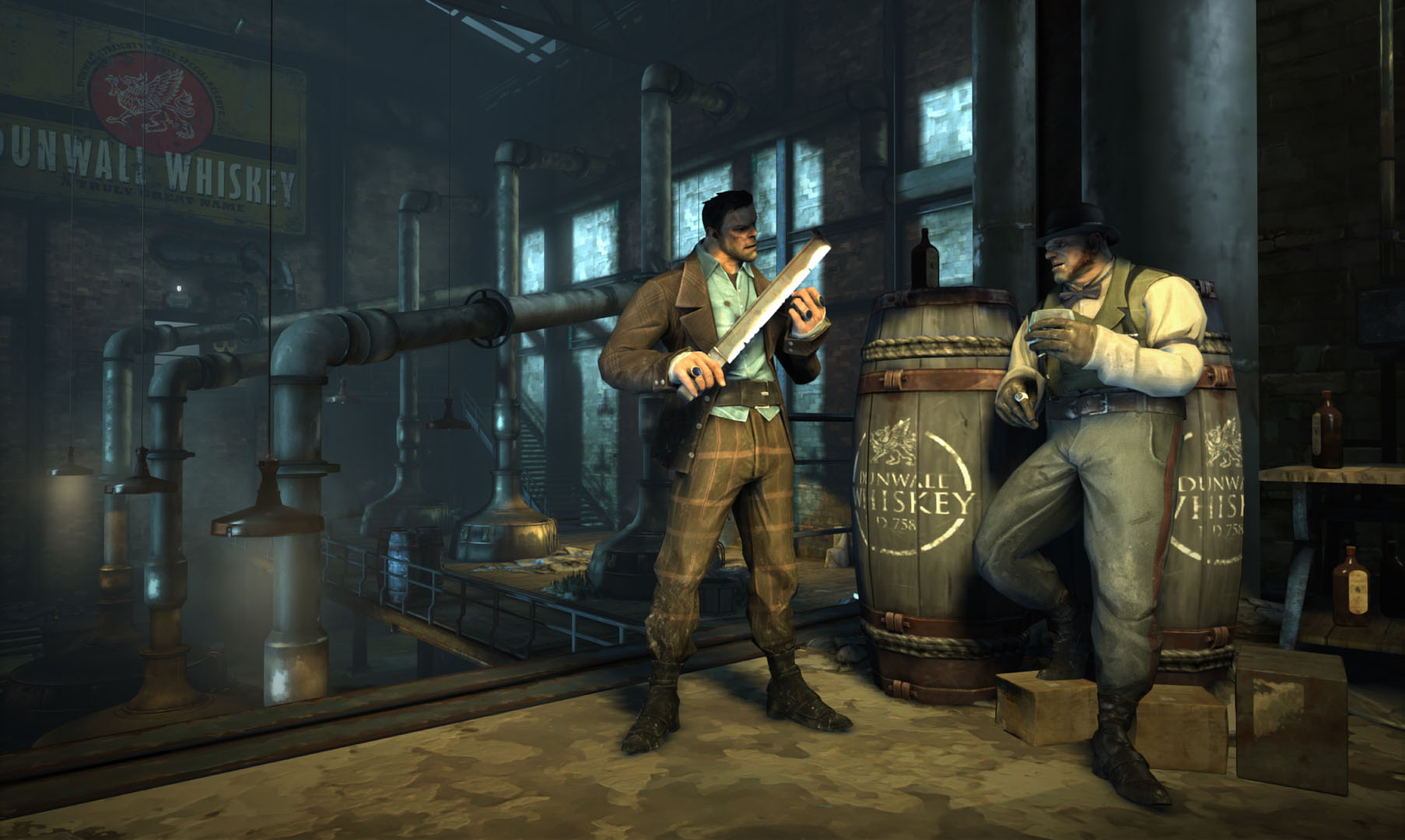 Two men stand in a distillery on either side of a huge barrel marked “WHISKEY,” one leaning against a wall, another examining a machete, in the game Dishonored