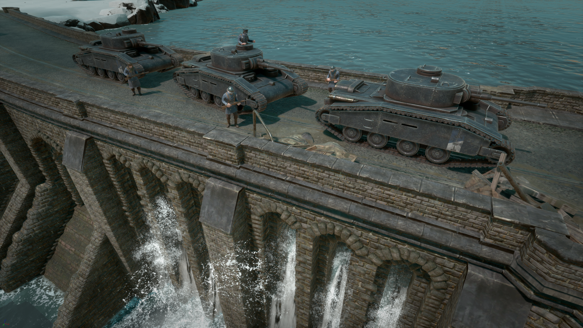 tanks crossing a dam