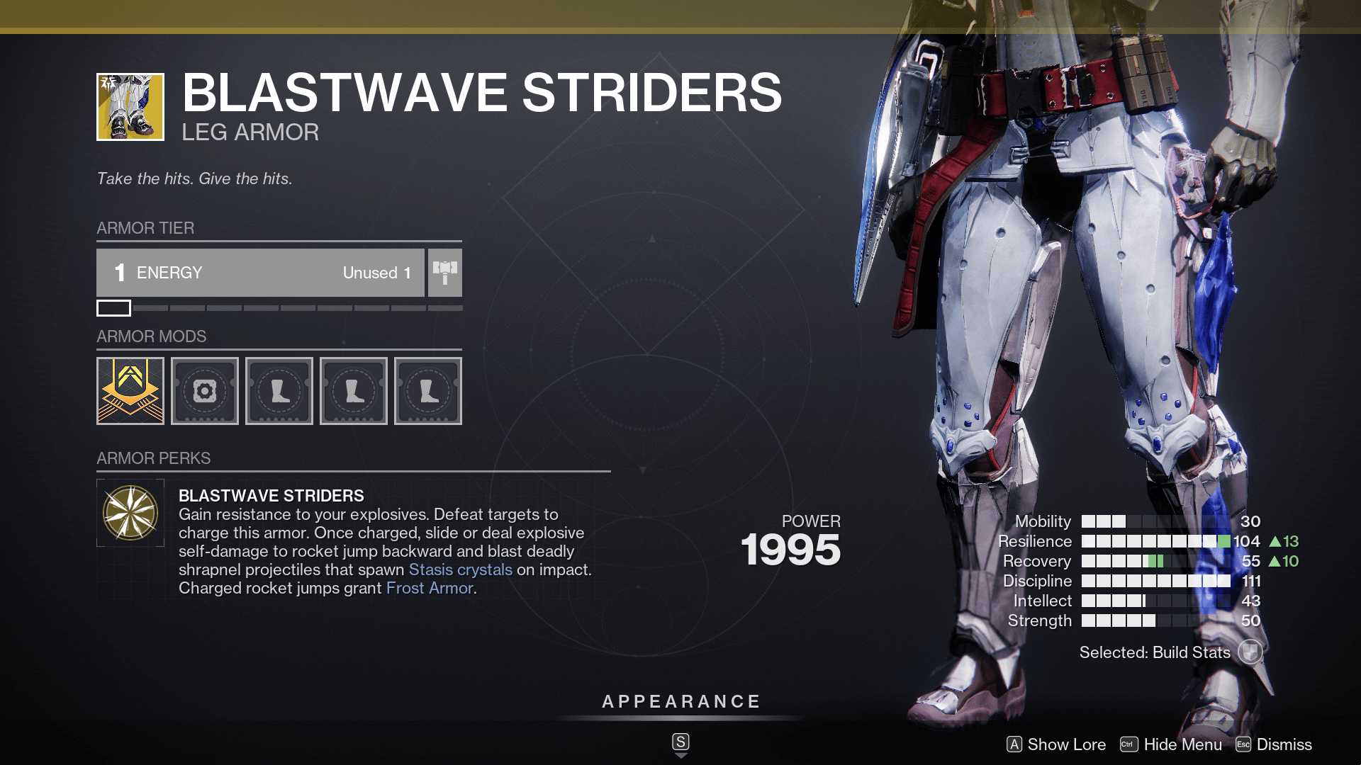 A Guardian wears the Blastwave Striders Exotic legs in Destiny 2: Revenant 