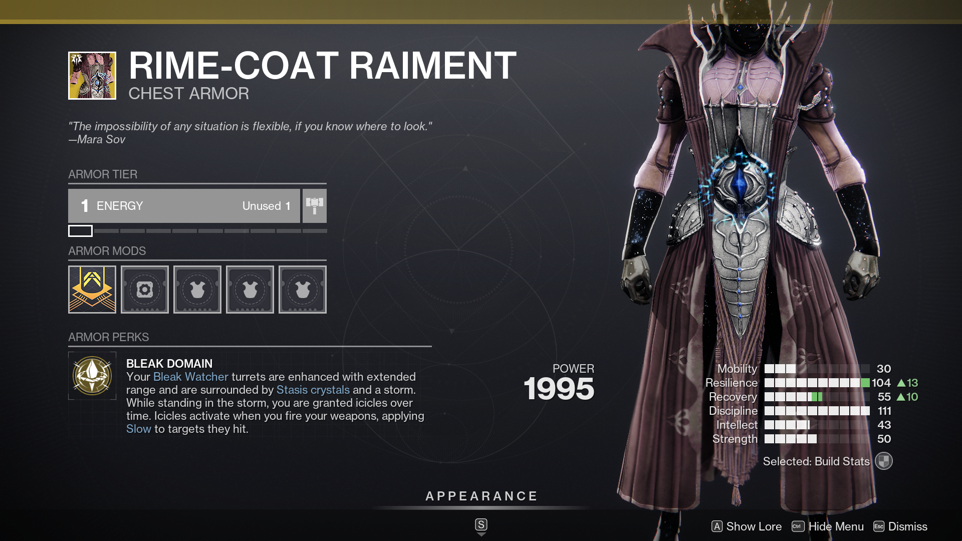 A Guardian wears the Rime-Coat Raiment Exotic chest armor in Destiny 2: Revenant 