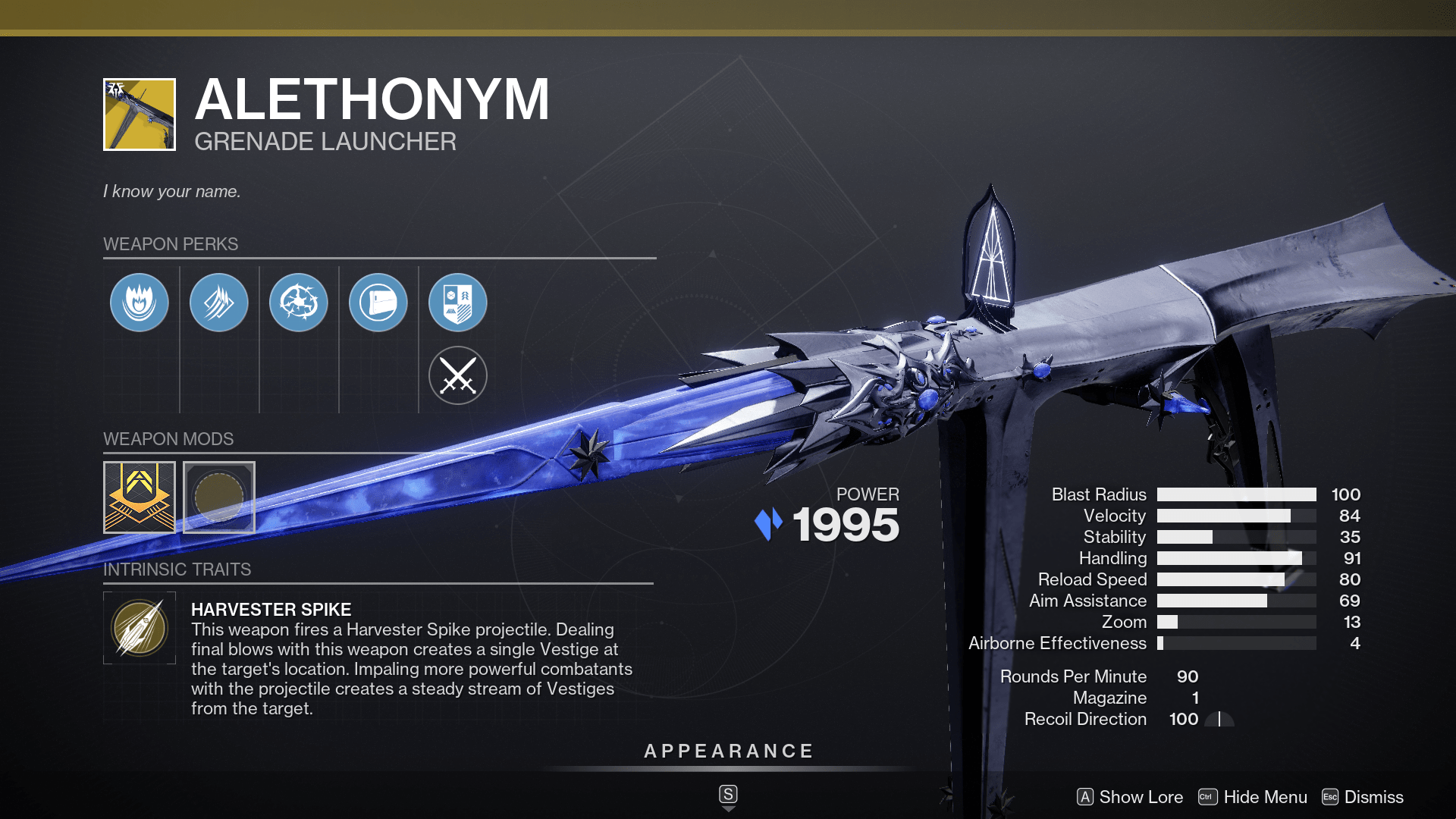 The menu showing Alethonym, the new Exotic grenade launcher