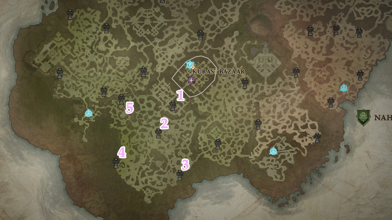 A map showing the location of Tenets of Akarat in Nahantu in Diablo 4: Vessel of Hatred