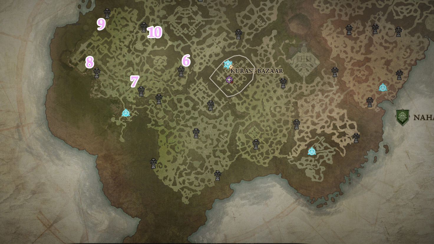 A map showing the location of Tenets of Akarat in Nahantu in Diablo 4: Vessel of Hatred