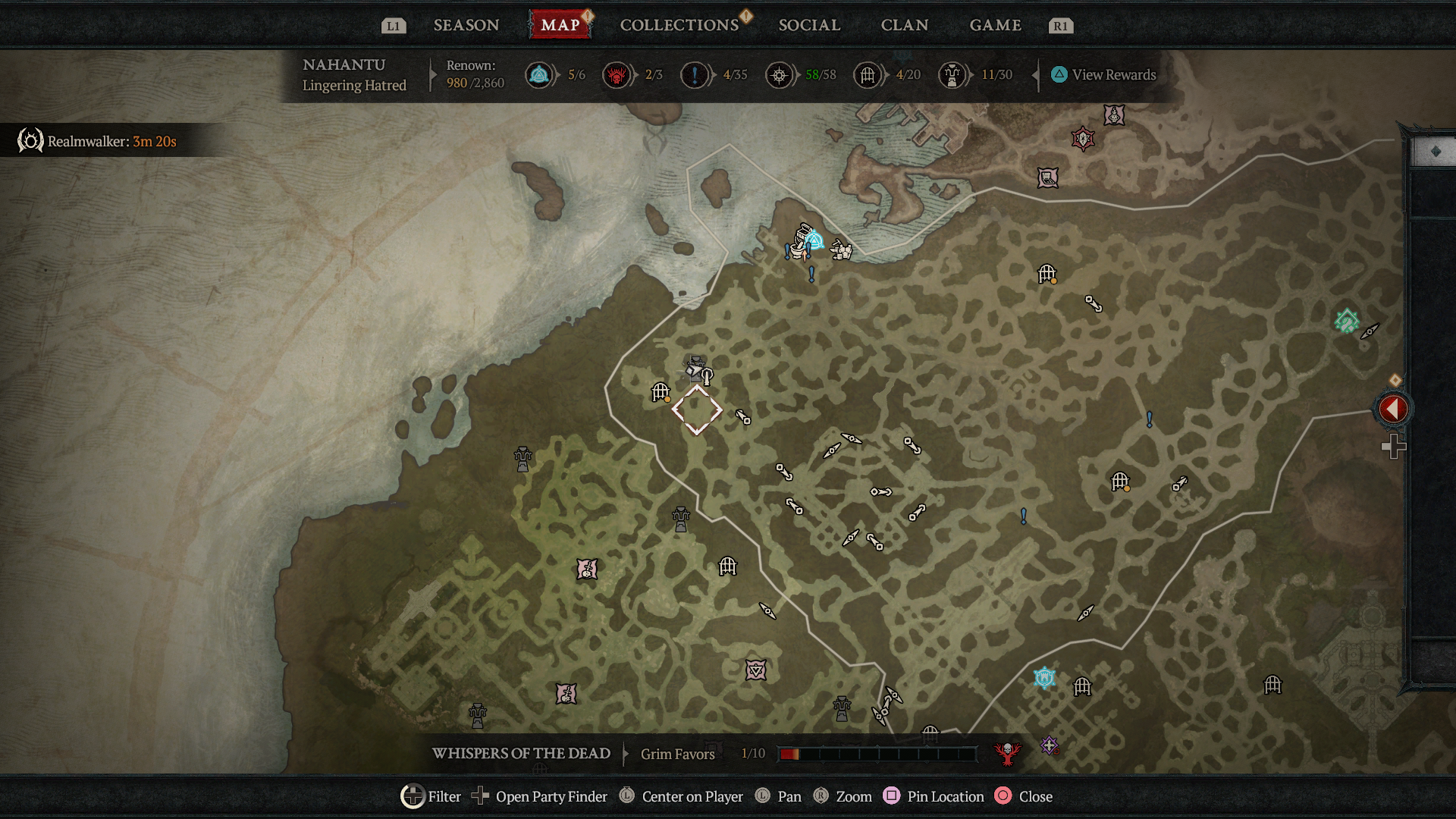 A map showing the location of Tenets of Akarat in Nahantu in Diablo 4: Vessel of Hatred