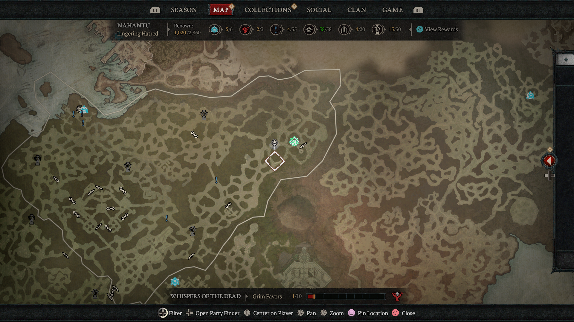 A map showing the location of Tenets of Akarat in Nahantu in Diablo 4: Vessel of Hatred