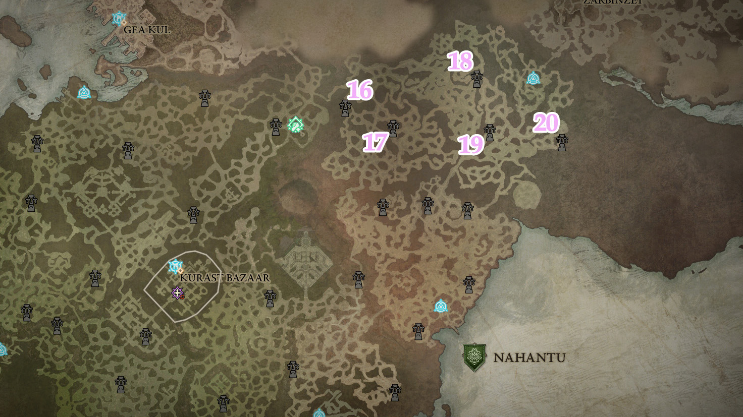 A map showing the location of Tenets of Akarat in Nahantu in Diablo 4: Vessel of Hatred