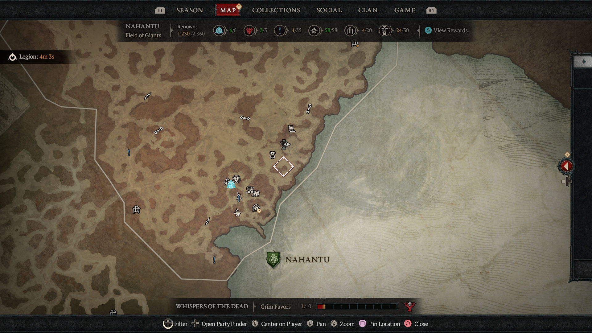 A map showing the location of Tenets of Akarat in Nahantu in Diablo 4: Vessel of Hatred