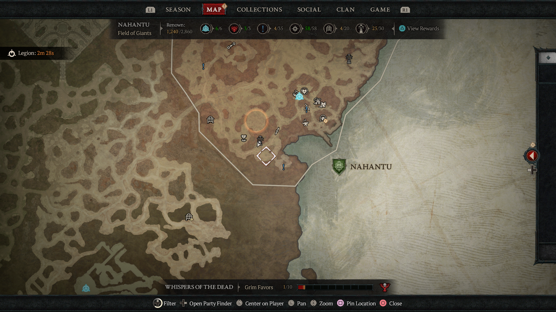 A map showing the location of Tenets of Akarat in Nahantu in Diablo 4: Vessel of Hatred