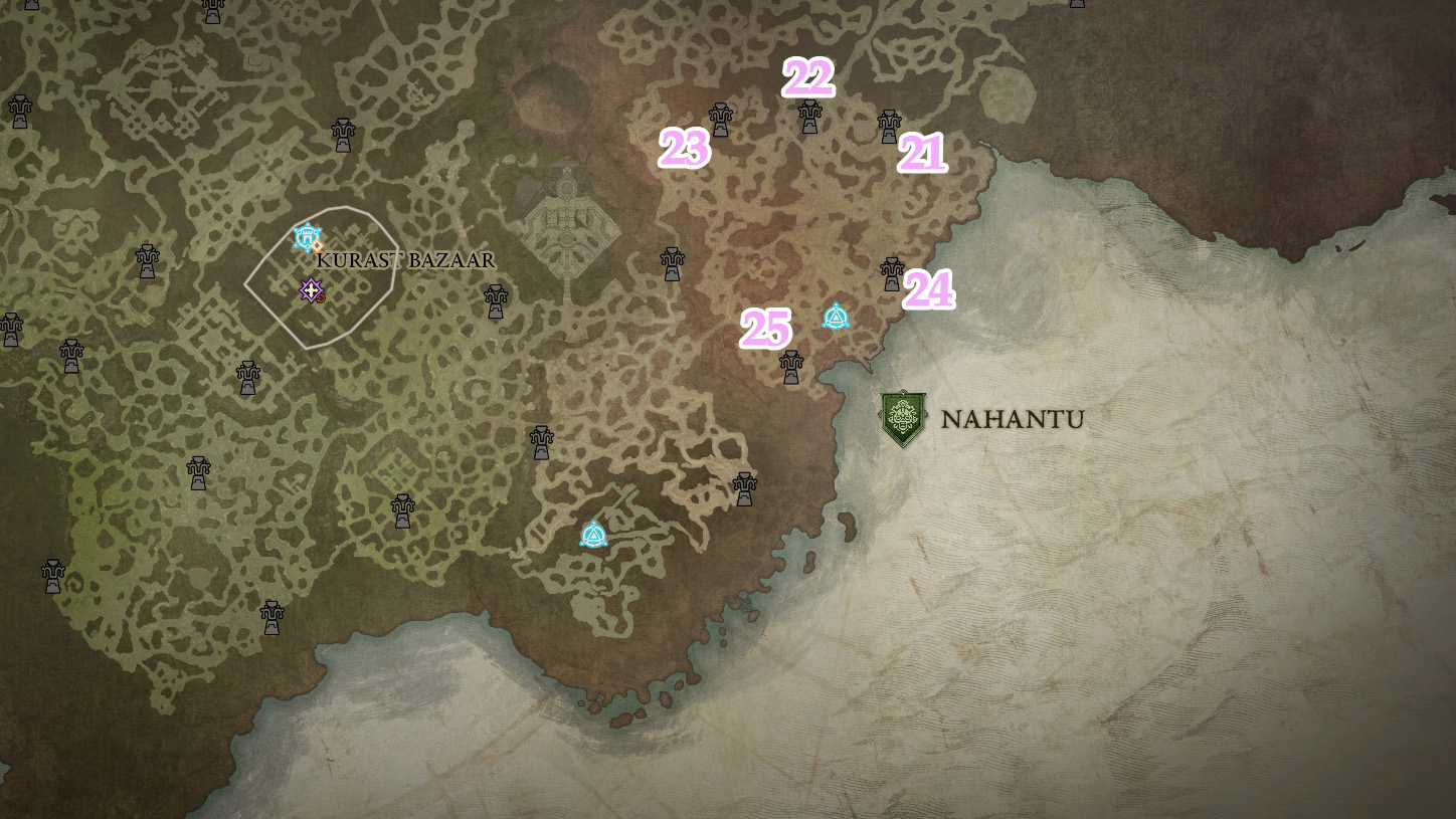 A map showing the location of Tenets of Akarat in Nahantu in Diablo 4: Vessel of Hatred