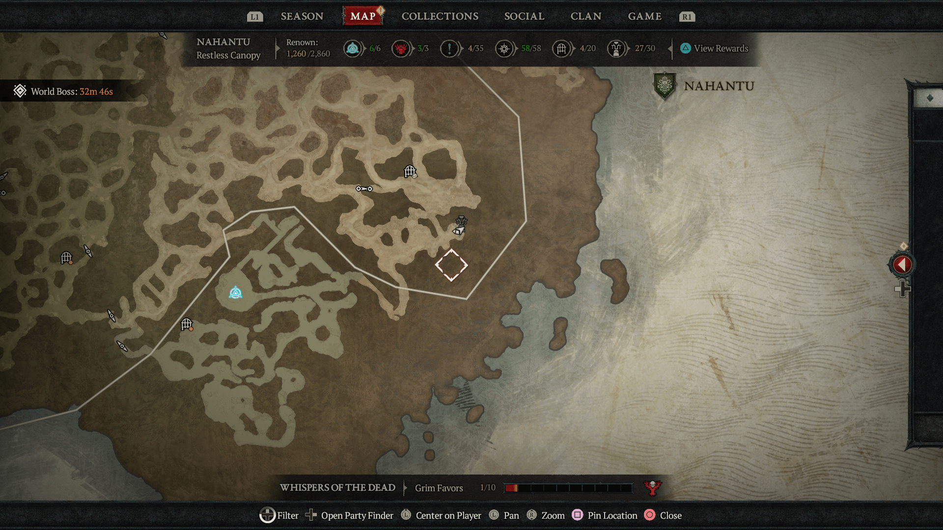 A map showing the location of Tenets of Akarat in Nahantu in Diablo 4: Vessel of Hatred