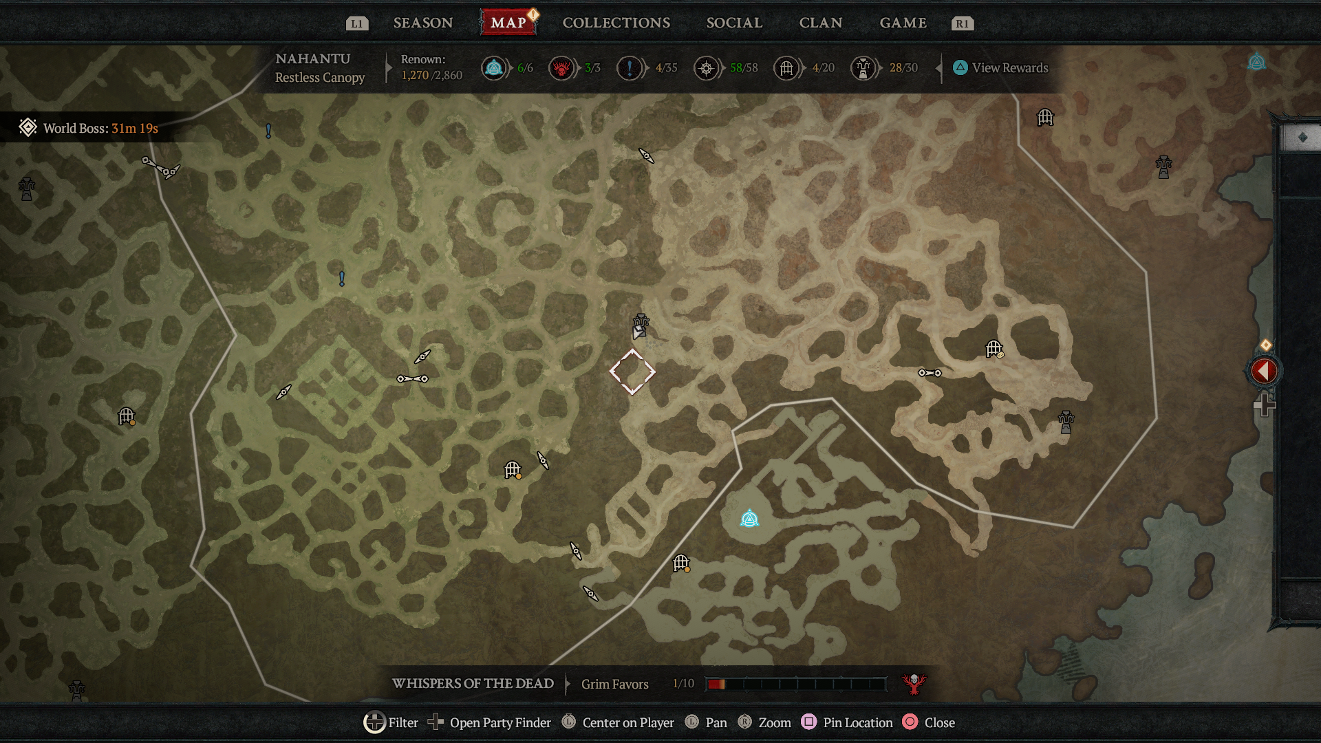 A map showing the location of Tenets of Akarat in Nahantu in Diablo 4: Vessel of Hatred