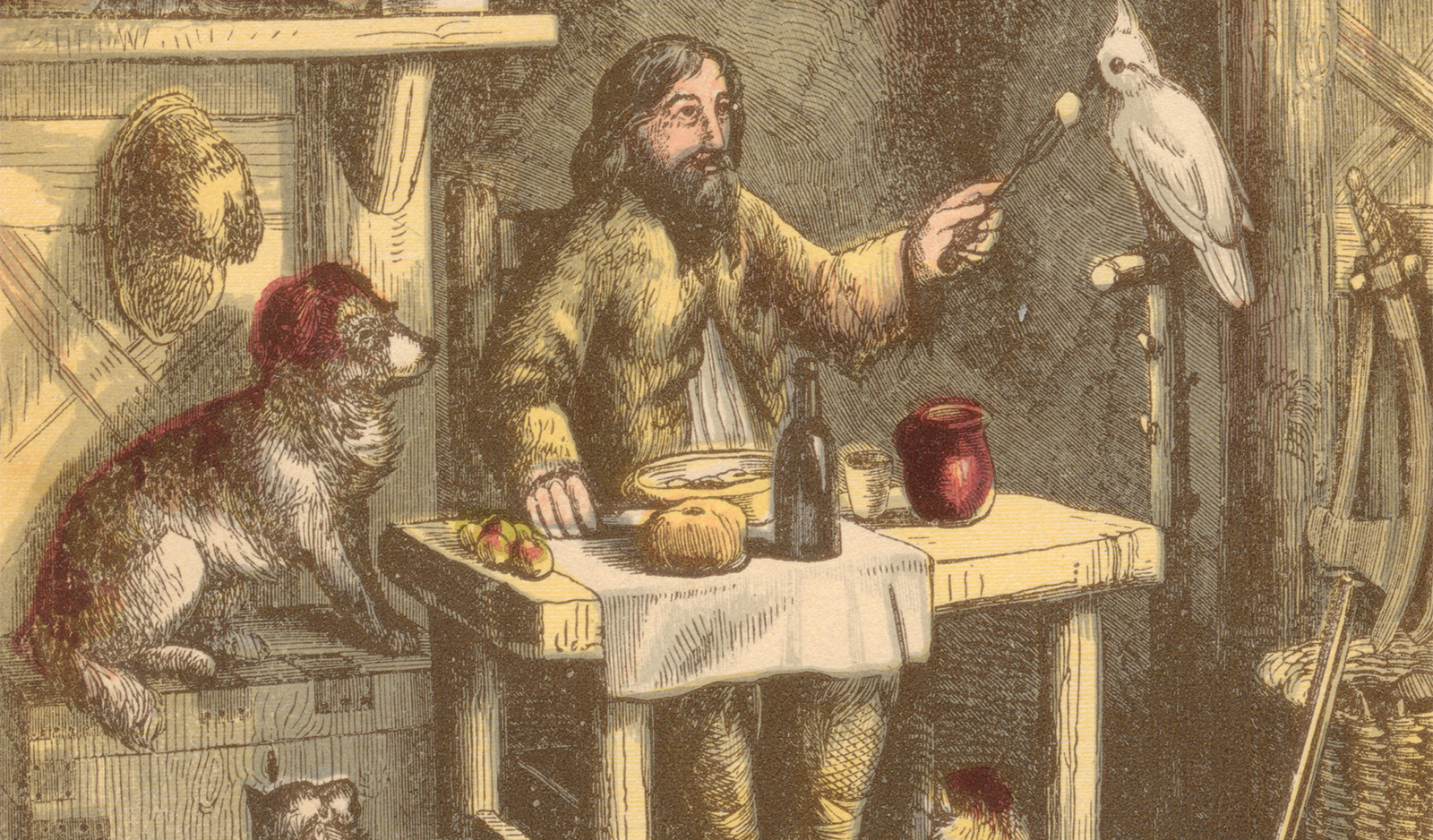 A man at a table feeding a bird while a dog and cats watch