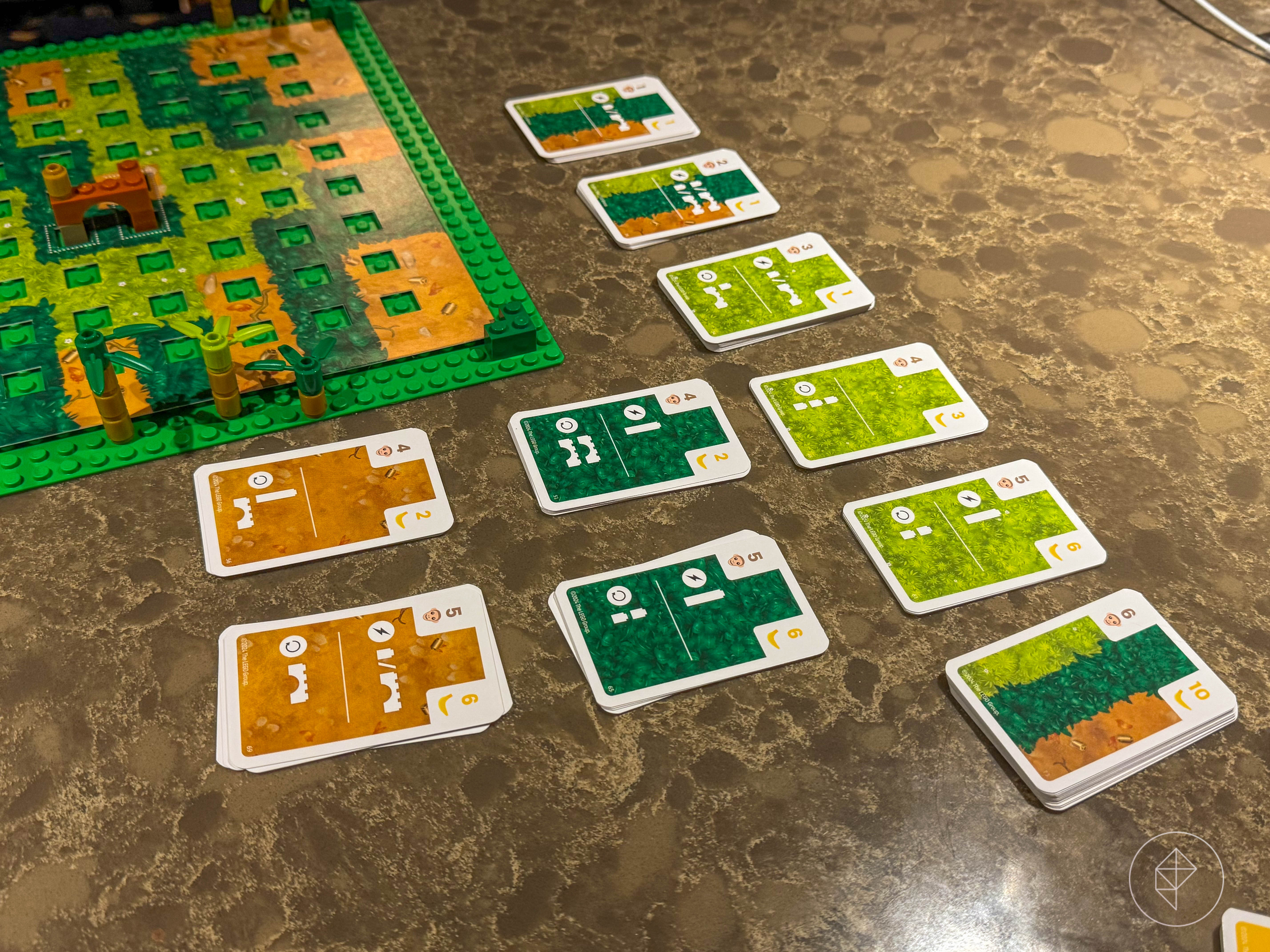 A series of green and brown cards with Lego bits shown on them. A series of green and brown cards with Lego bits shown on them.