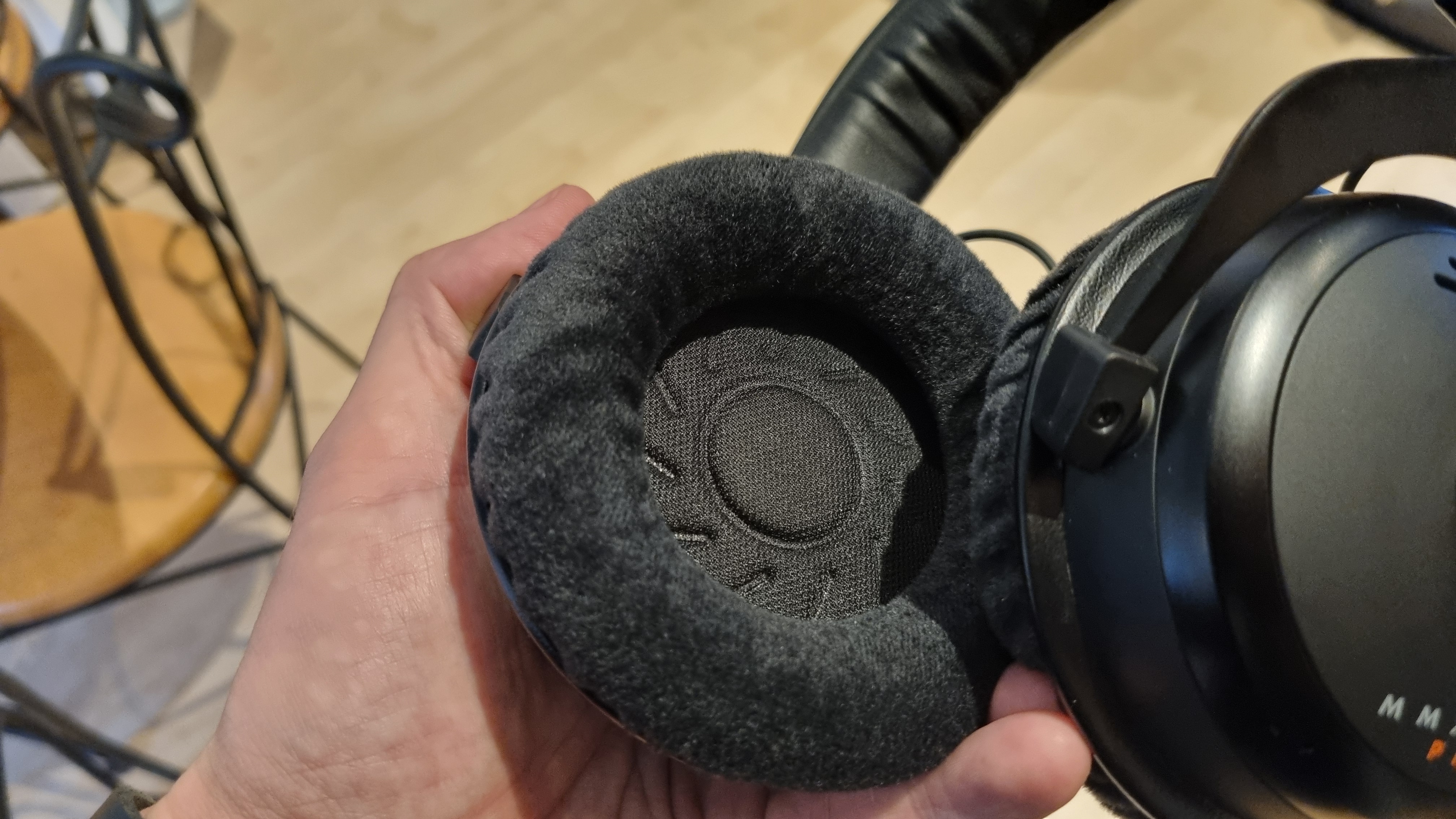 The inner earcup of the Beyerdynamic MMX 300 Pro headset, showing the velour earcovers