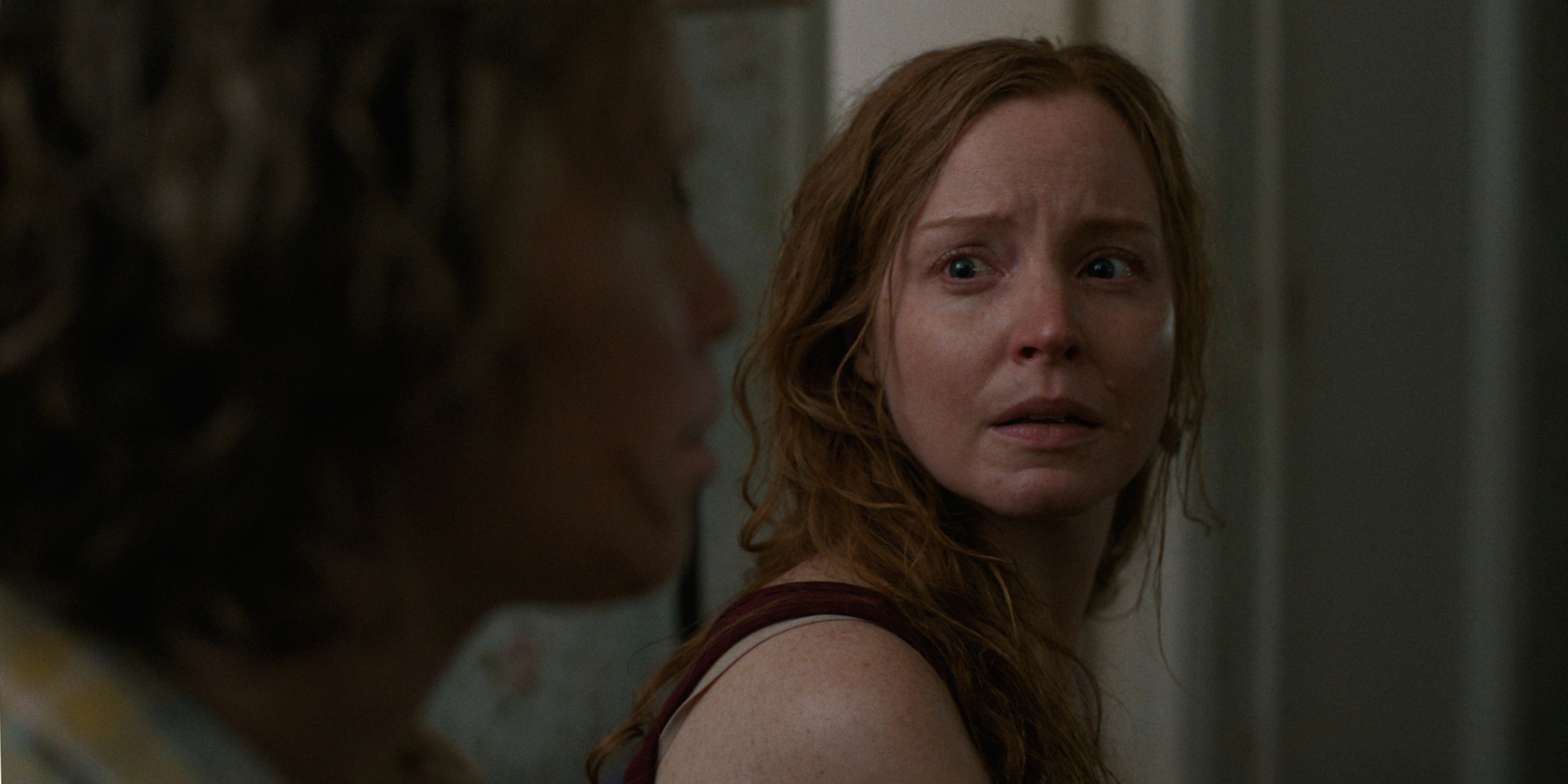 Lauren Ambrose as Celeste in Caddo Lake, looking terrified