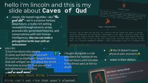 An unhinged powerpoint slide presented during a Top 100 deliberation session designed to convince the PCG staff to vote for Caves of Qud.