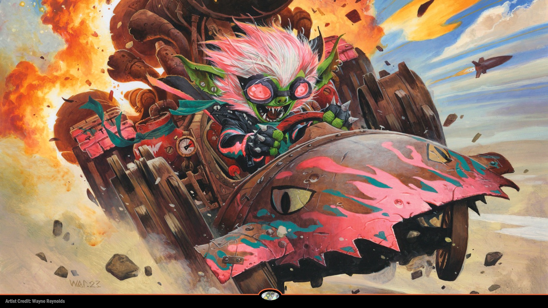 A pink-haired goblin in a racing cart, chased by an explosion. His teeth are bared. 