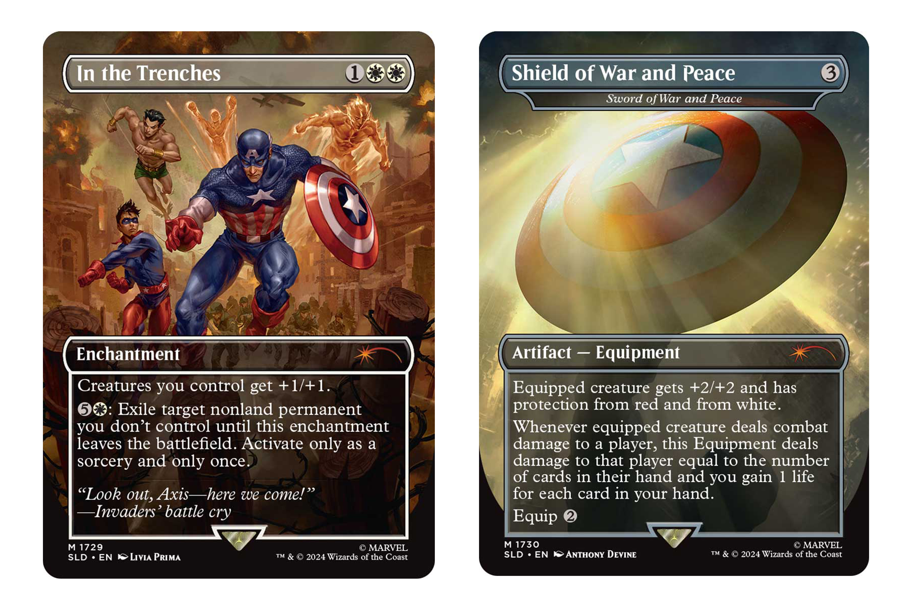 Two Magic cards featuring characters and items from Marvel Comics, including Captain America and his shield.