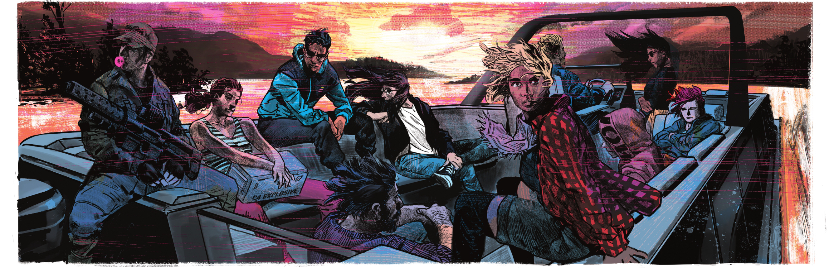 All 10 thirty-something protagonists of The Nice House on the Lake sail across the lake in a speedboat at sunset in The Nice House on the Lake #5 (2021). 