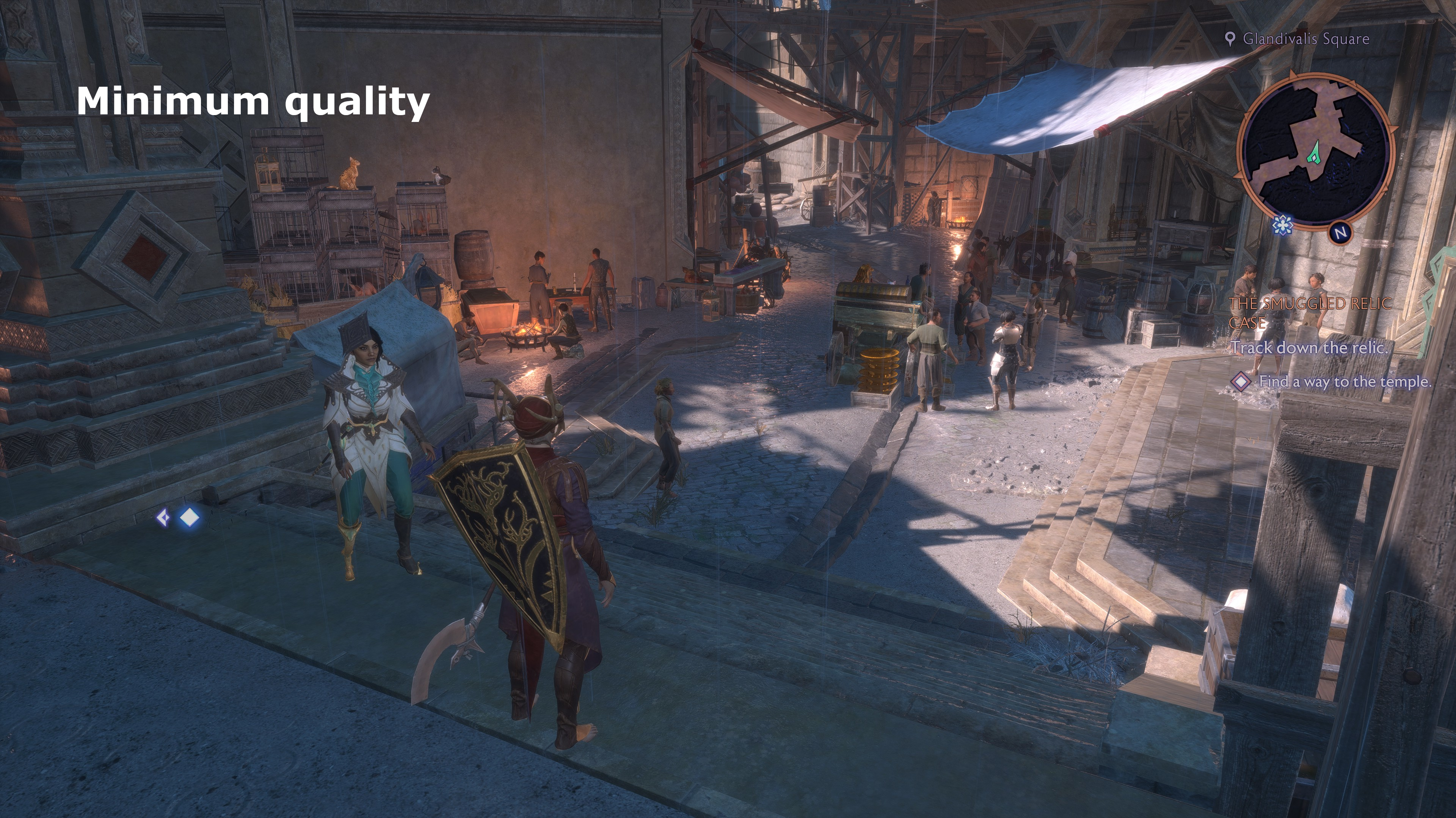 A screenshot of Dragon Age: The Veilguard, showing the visual impact of different graphics settings