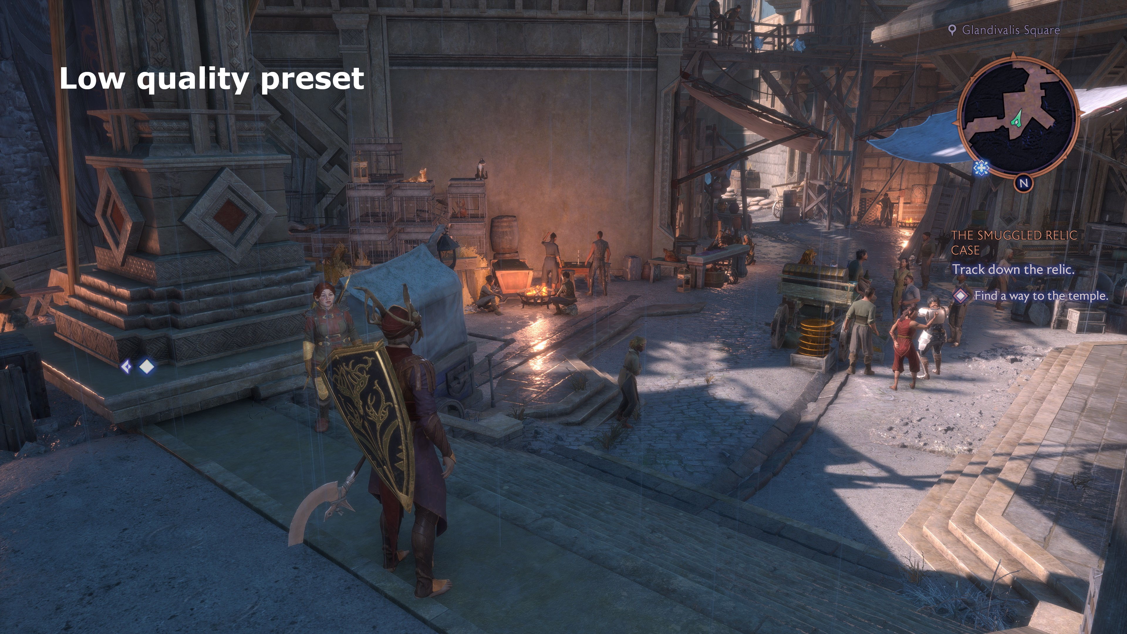 A screenshot of Dragon Age: The Veilguard, showing the visual impact of different graphics settings