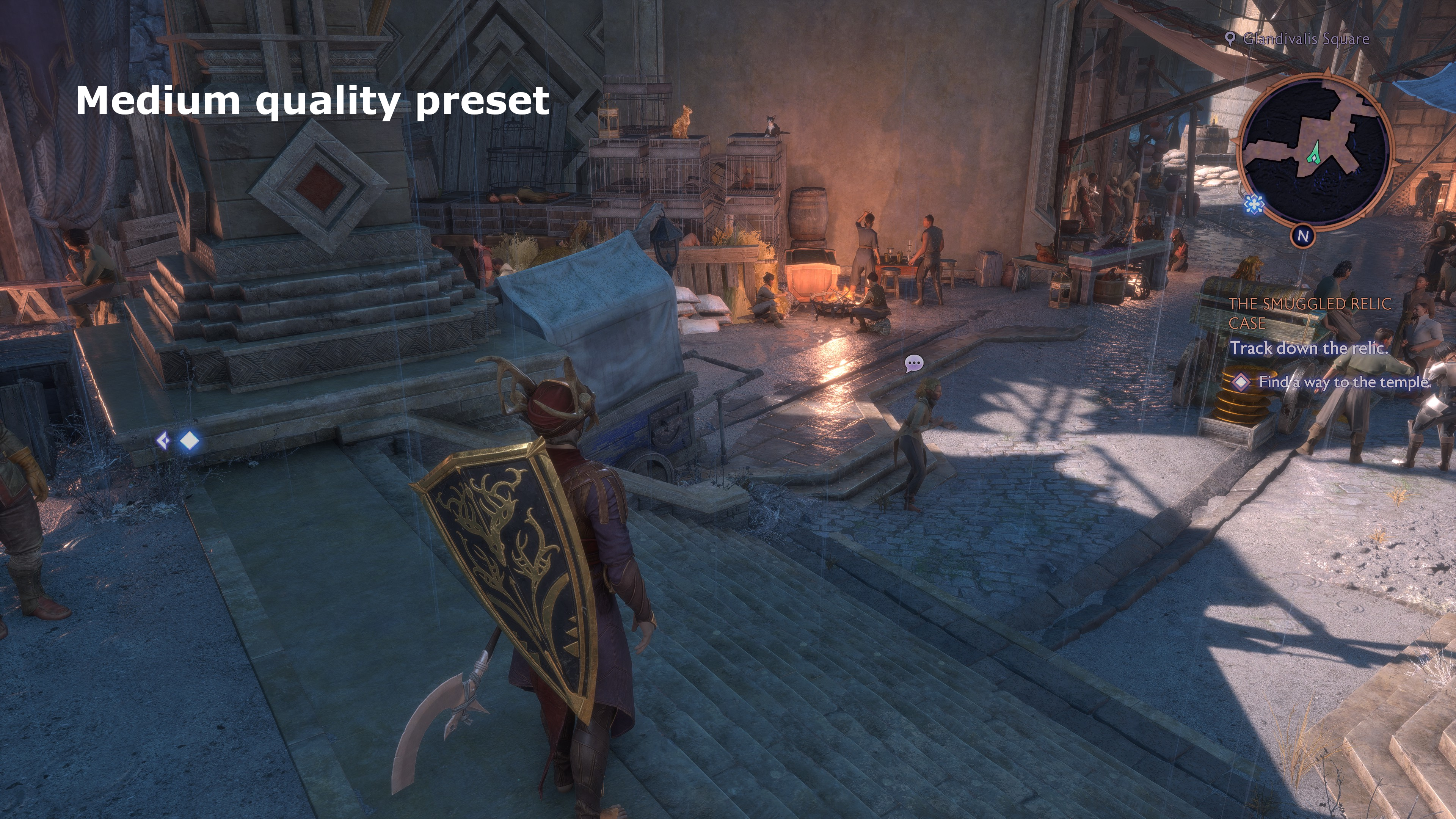 A screenshot of Dragon Age: The Veilguard, showing the visual impact of different graphics settings