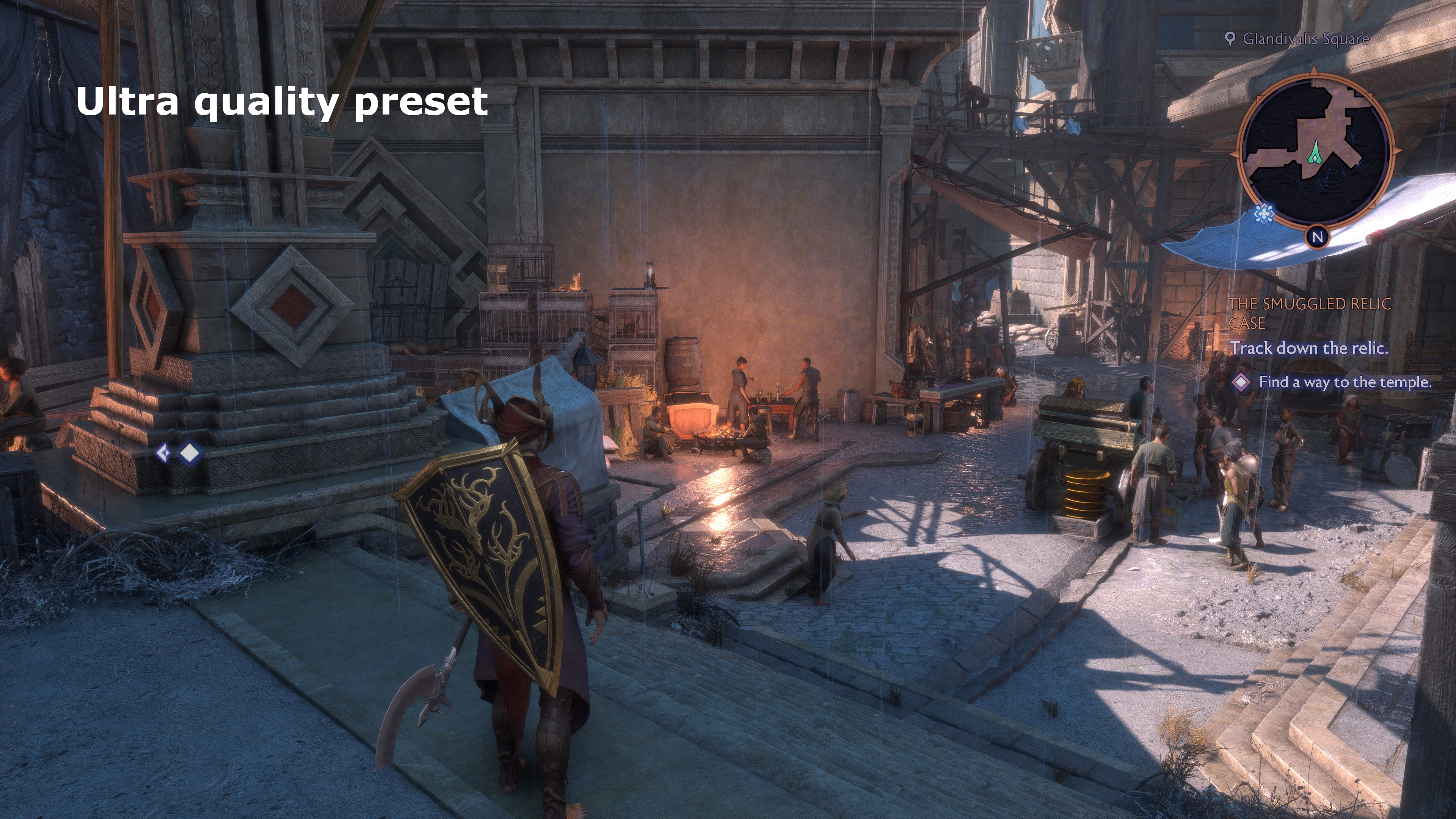 A screenshot of Dragon Age: The Veilguard, showing the visual impact of different graphics settings