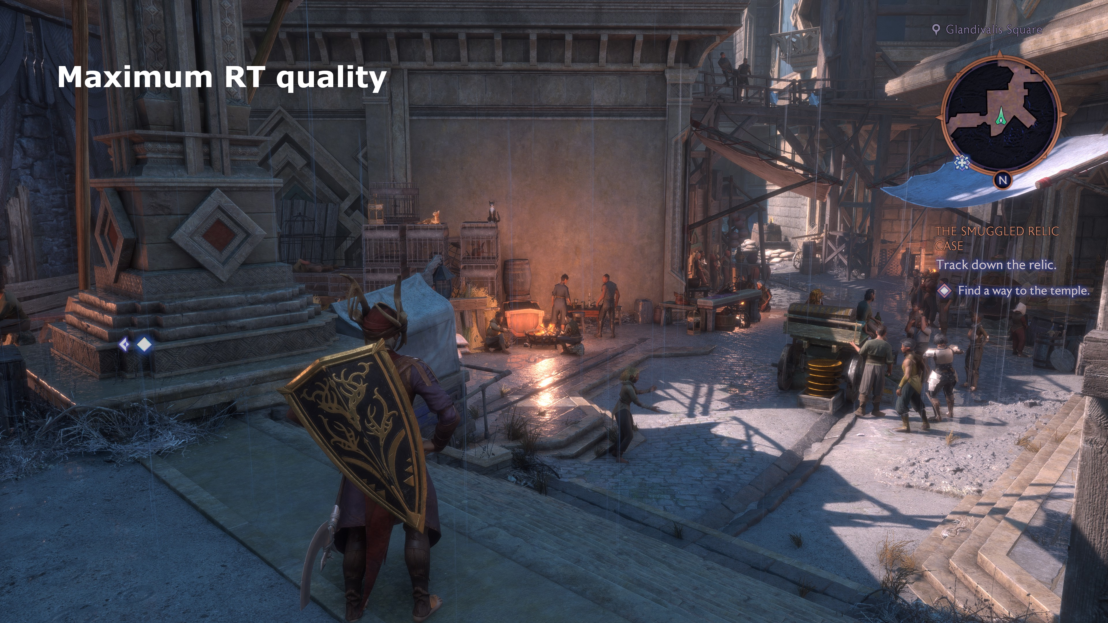 A screenshot of Dragon Age: The Veilguard, showing the visual impact of different graphics settings