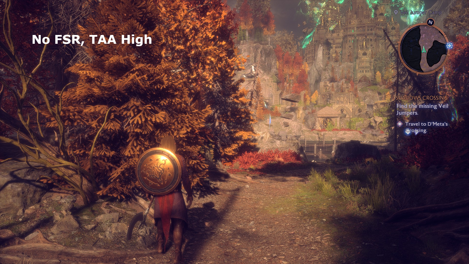 Screenshot from Dragon Age: The Veilguard showing the use of FSR upscaling