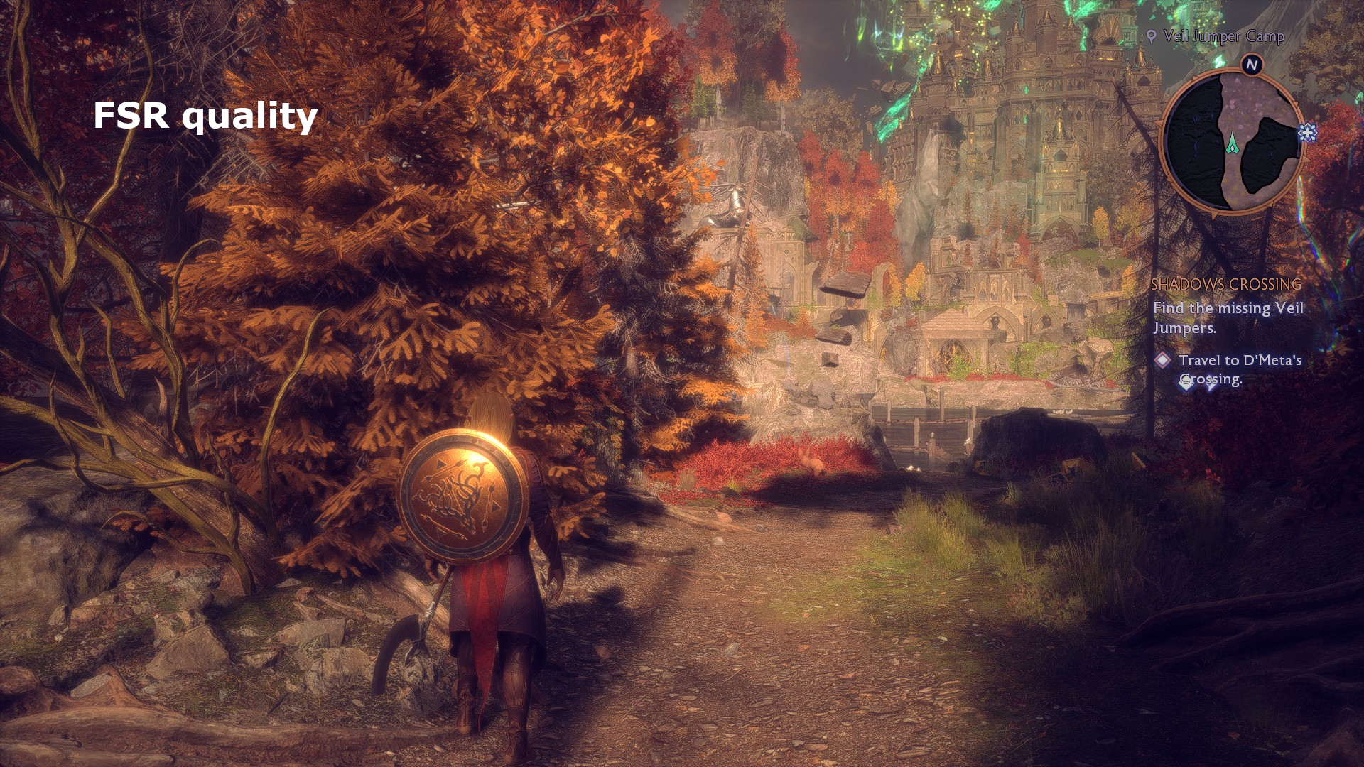 Screenshot from Dragon Age: The Veilguard showing the use of FSR upscaling