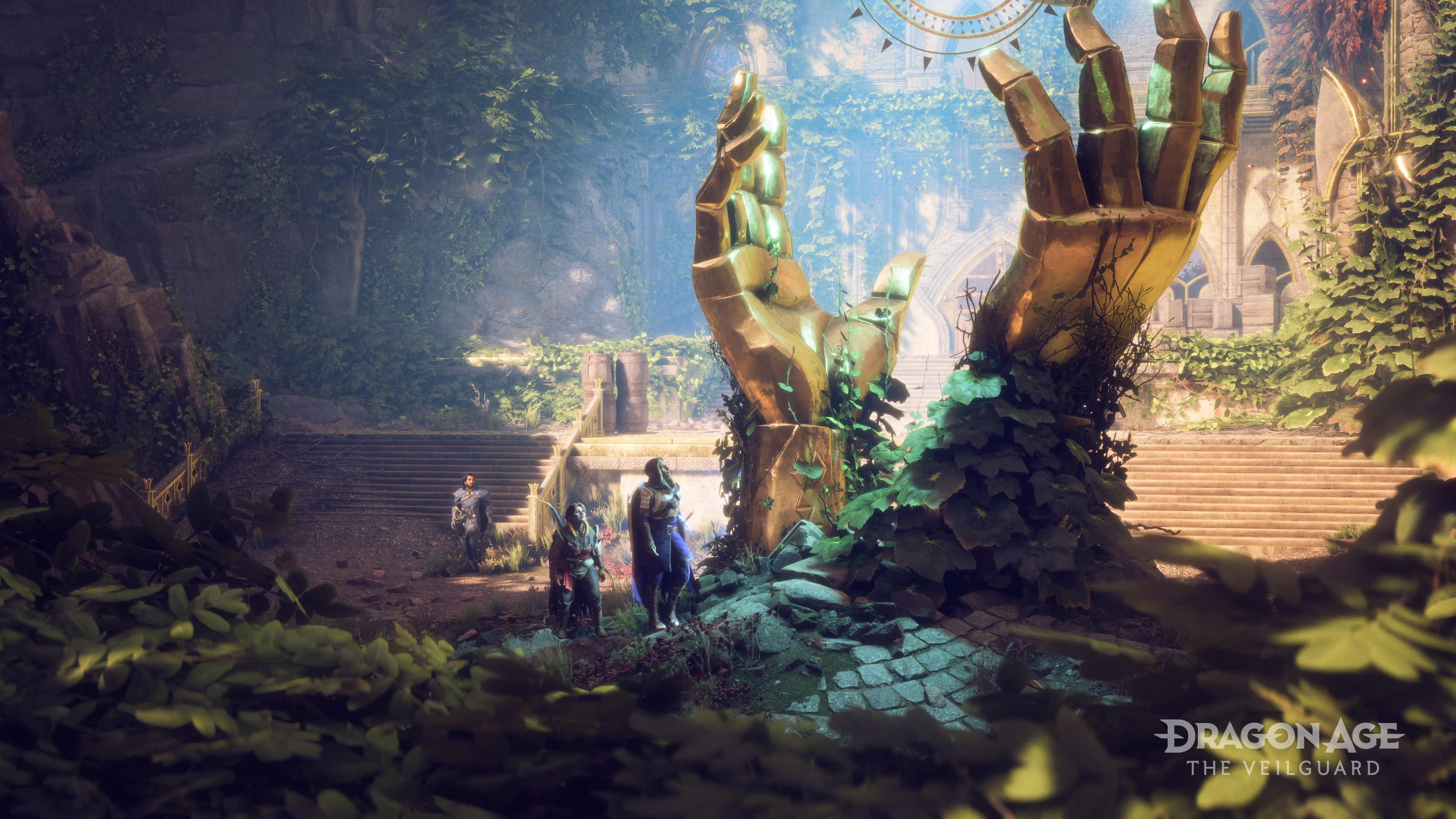 Adventurers approach a statue of two giant golden hands in an overgrown temple