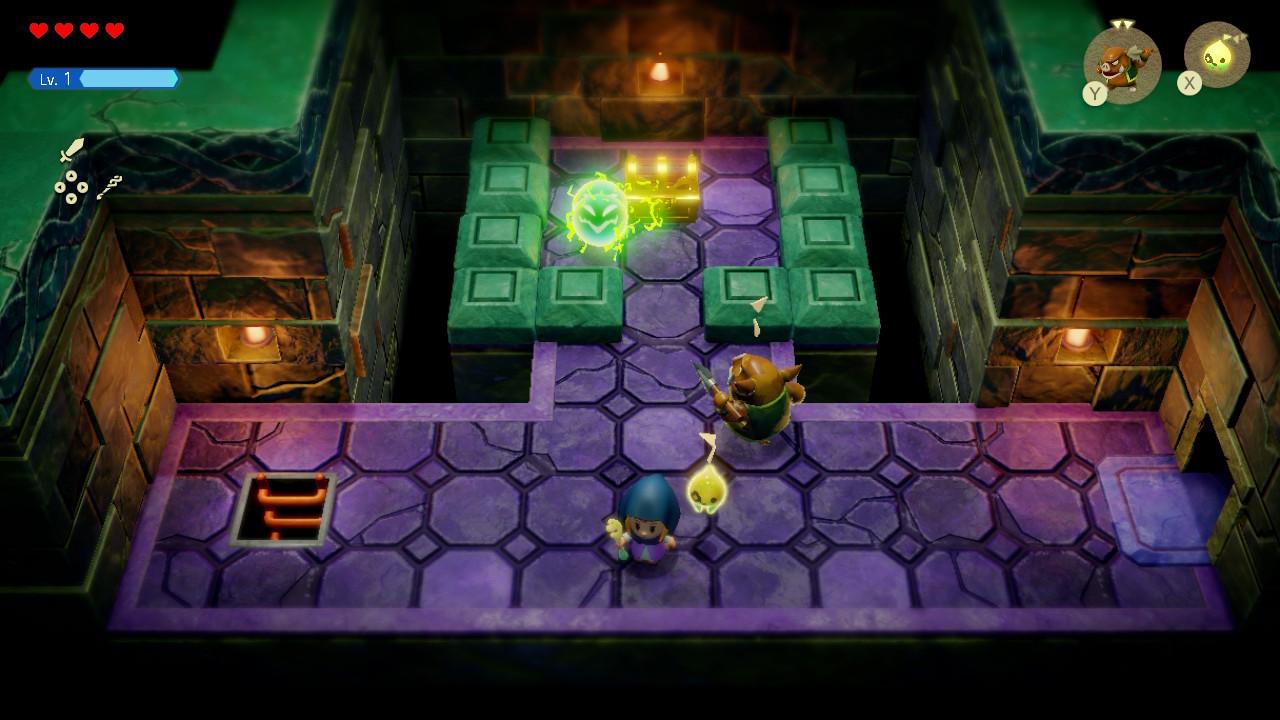 Zelda stands near a spear moblin attacking a spark in the Eastern Temple in Echoes of Wisdom