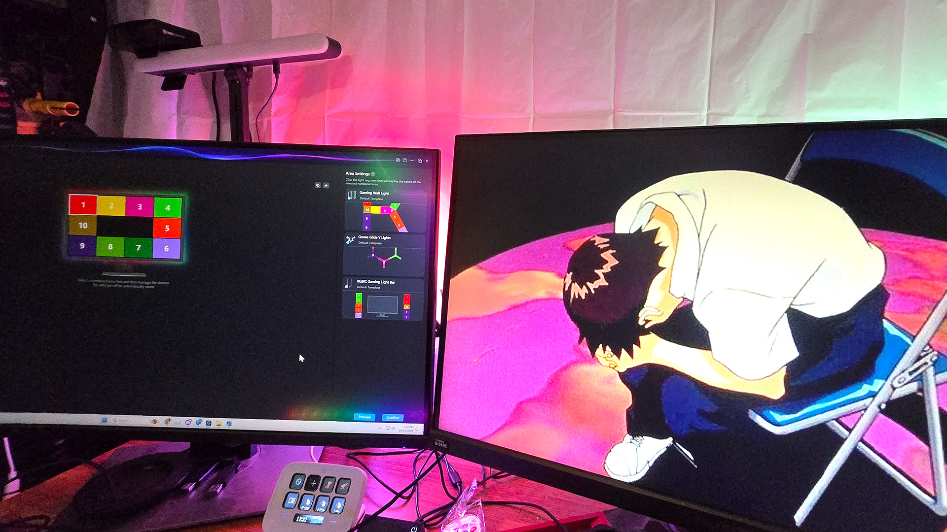 The Govee x Evangelion lighting kits set up on a wall and around a desk and drum kit with various RGB lighting modes enabled.