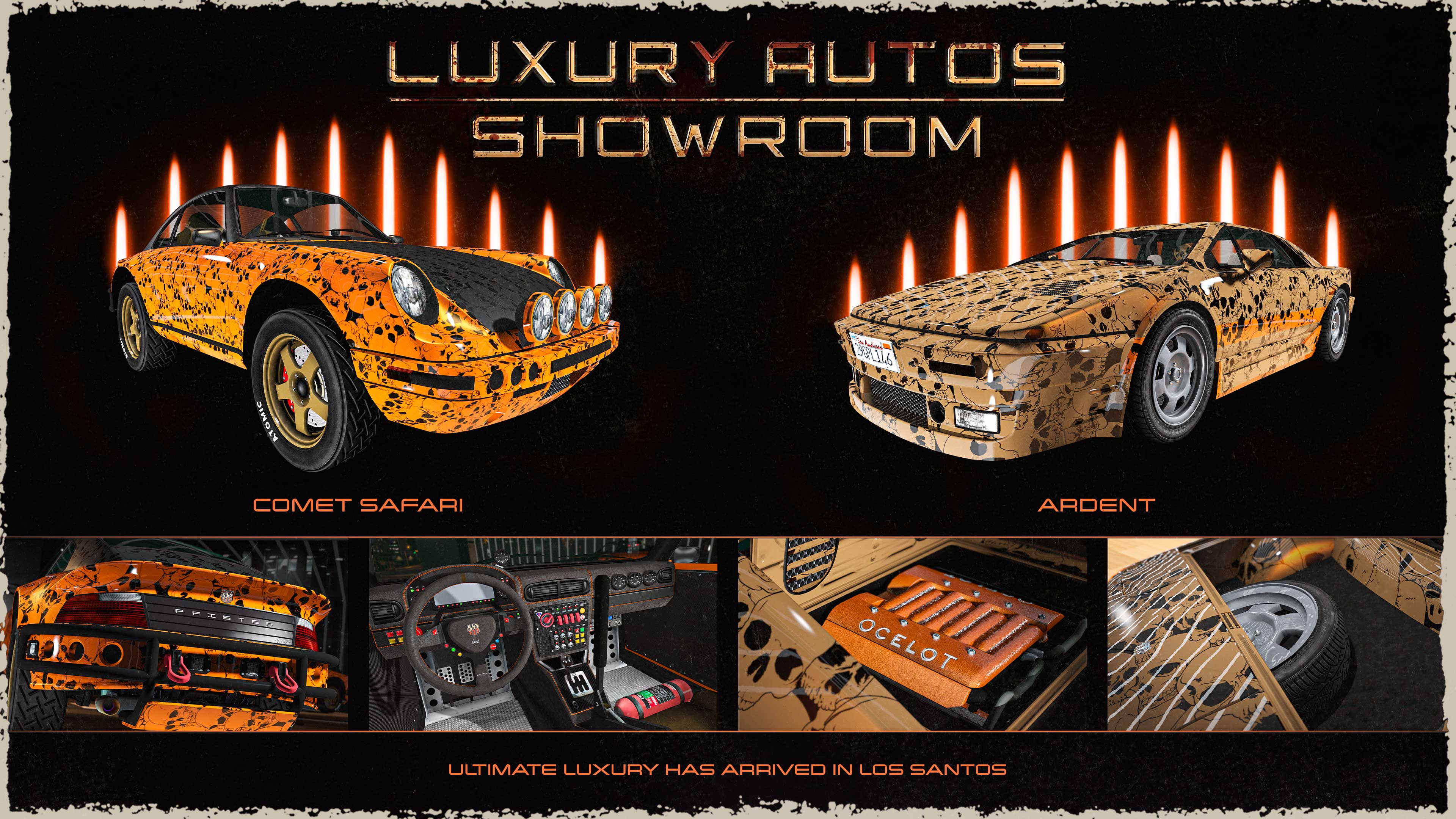 GTA Online promo art for vehicles at Luxury Autos Showroom