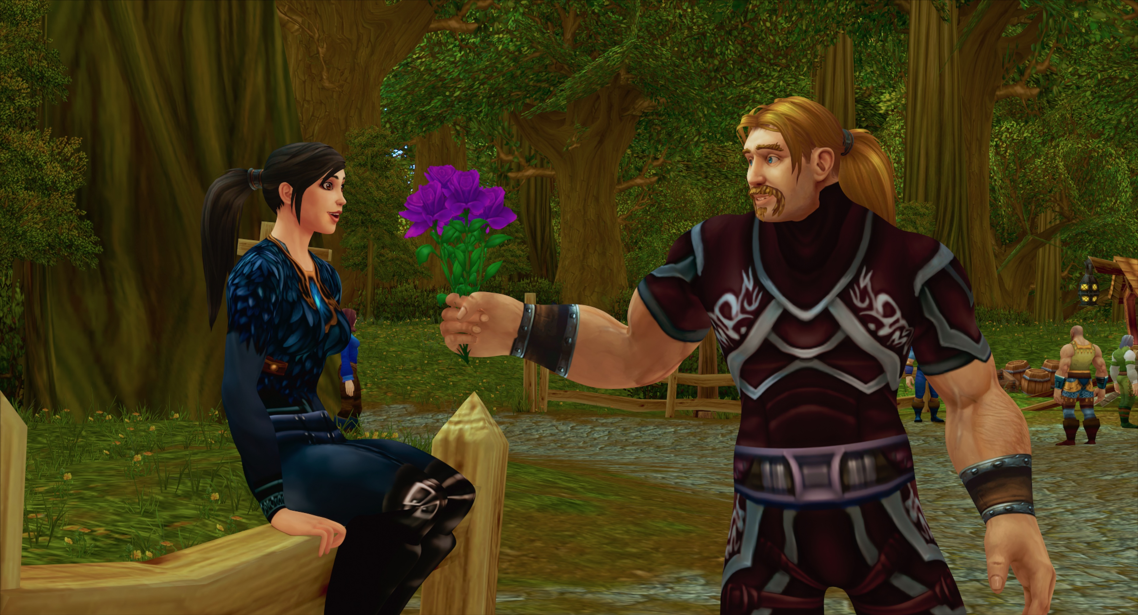 A standing male World of Warcraft character with a blonde ponytail and mustache offers a bouquet of purple flowers to a female character with a black ponytail who’s sitting on a split-rail fence in a forest in Netflix’s documentary The Remarkable Life of Ibelin A standing male World of Warcraft character with a blonde ponytail and mustache offers a bouquet of purple flowers to a female character with a black ponytail who’s sitting on a split-rail fence in a forest in Netflix’s documentary The Remarkable Life of Ibelin